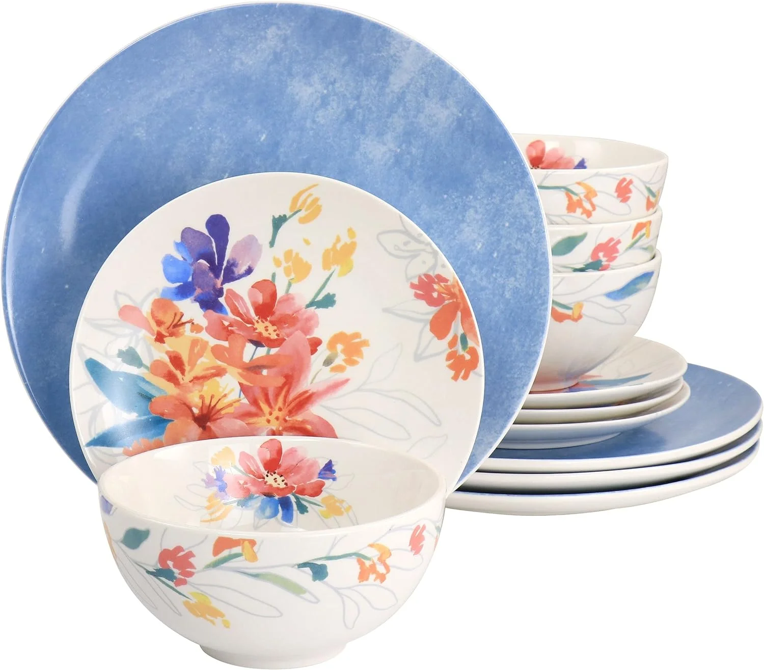12 Pc Ceramic Dinnerware Set In Blue Pc Floral Casual Round Piece Dishwasher Safe