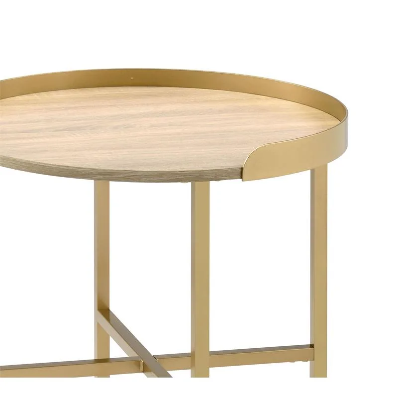 Bowery Hill Round Wooden Top End Table with Cross Bar Base in Oak and Gold