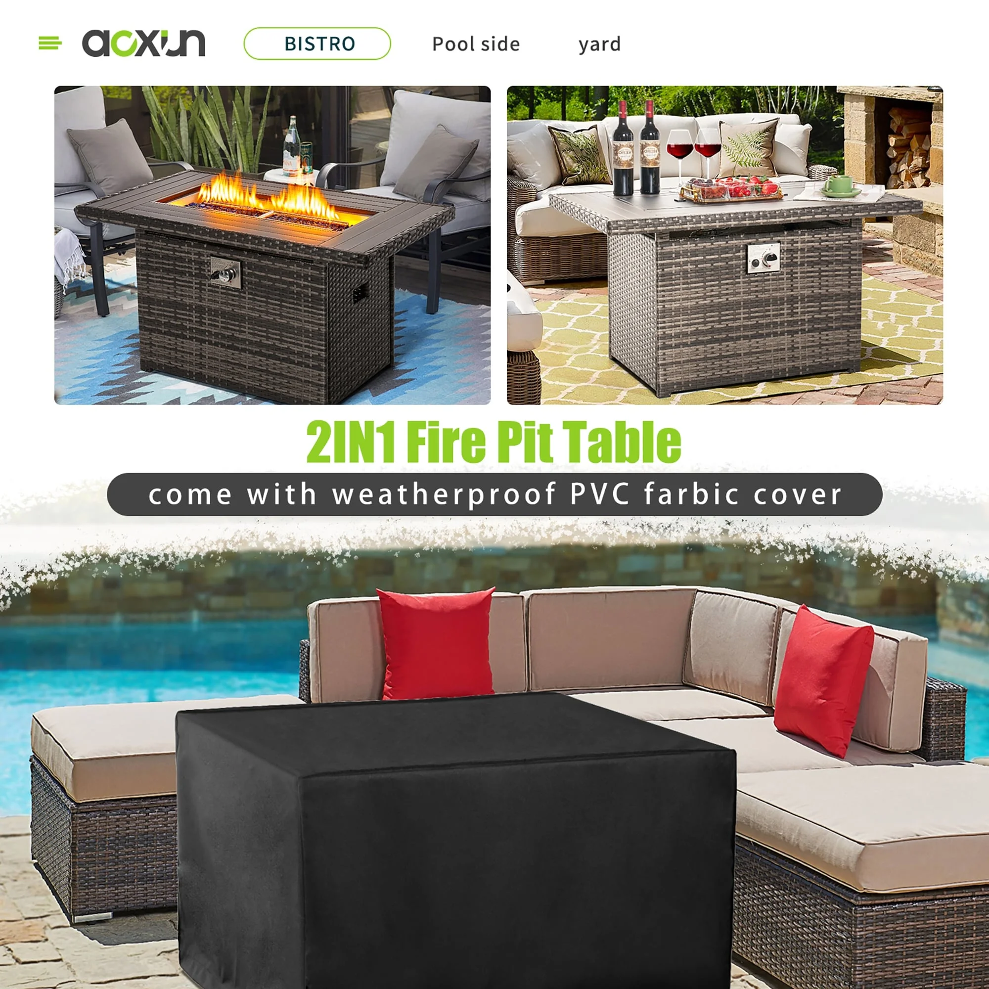 Aoxun 44 inch Fire Pit Table, 50000 BTU Outdoor Gas Grey