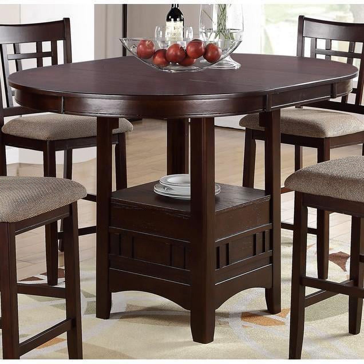 Elegant Dark Rosy Brown Solid Wood Round Counter Height Dining Table with Shelve - 1 Piece Table Only