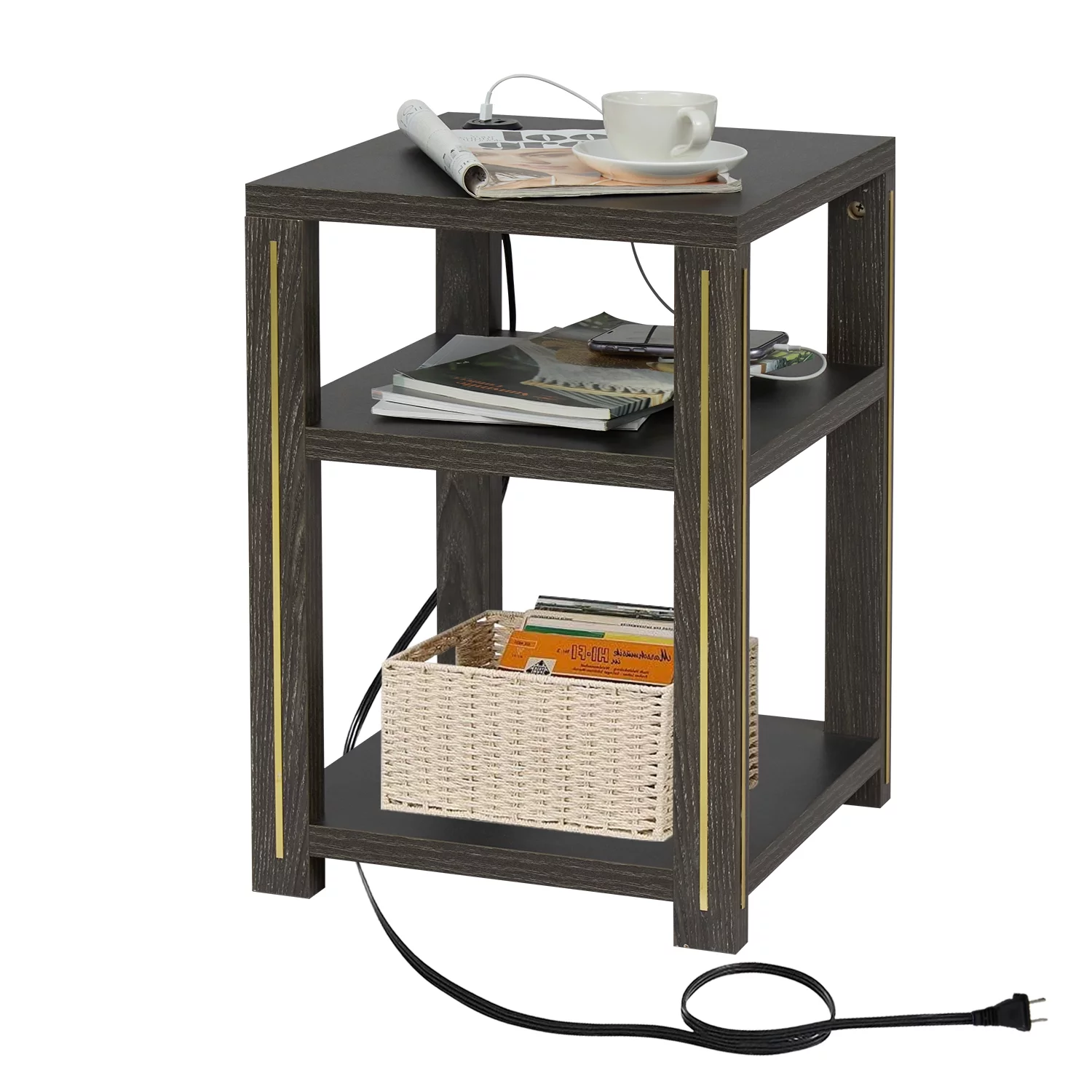 Kinbor Nightstand with 2 USB Ports, End Table Sofa Side table with 3-tiers Storage Shelf, Black