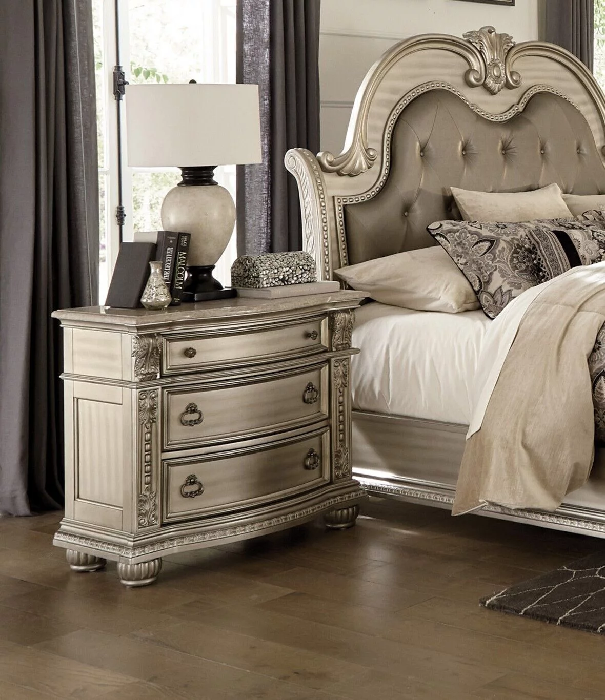 Luxurious Bedroom Formal Traditional Queen Size Bed Tufted HB 4pc Set Nightstand Dresser Mirror Silver Finish Wooden Furniture