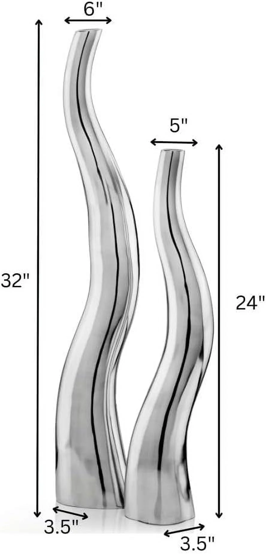 6586 Curva Tall Wiggly Vases Set Of 2, Silver, Aluminum, Contemporary, Modern, Popular, Glam, Floor Standing, Large 6