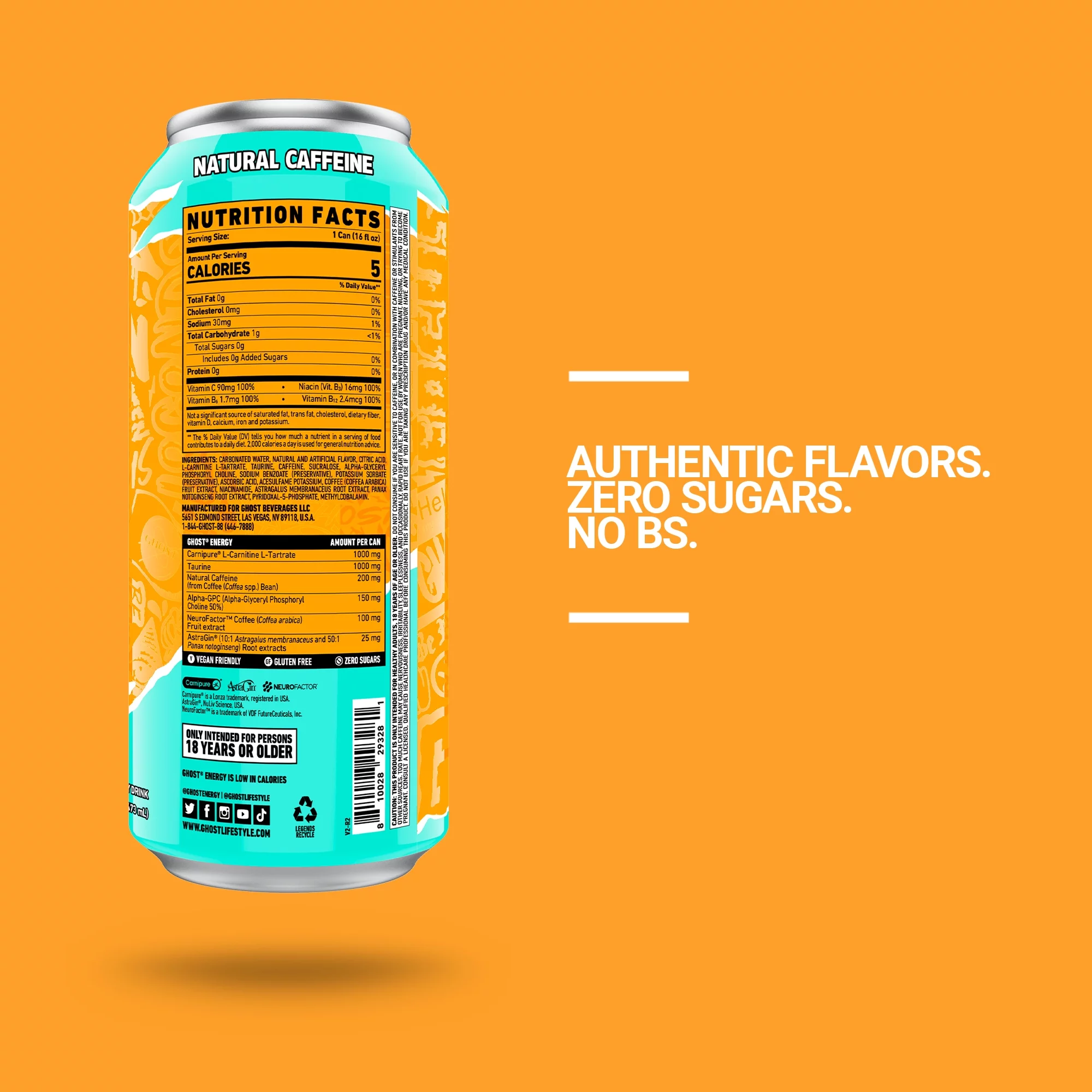 GHOST Zero Sugar Energy Drink, Tropical Mango, 16 oz Can, 12 Pk