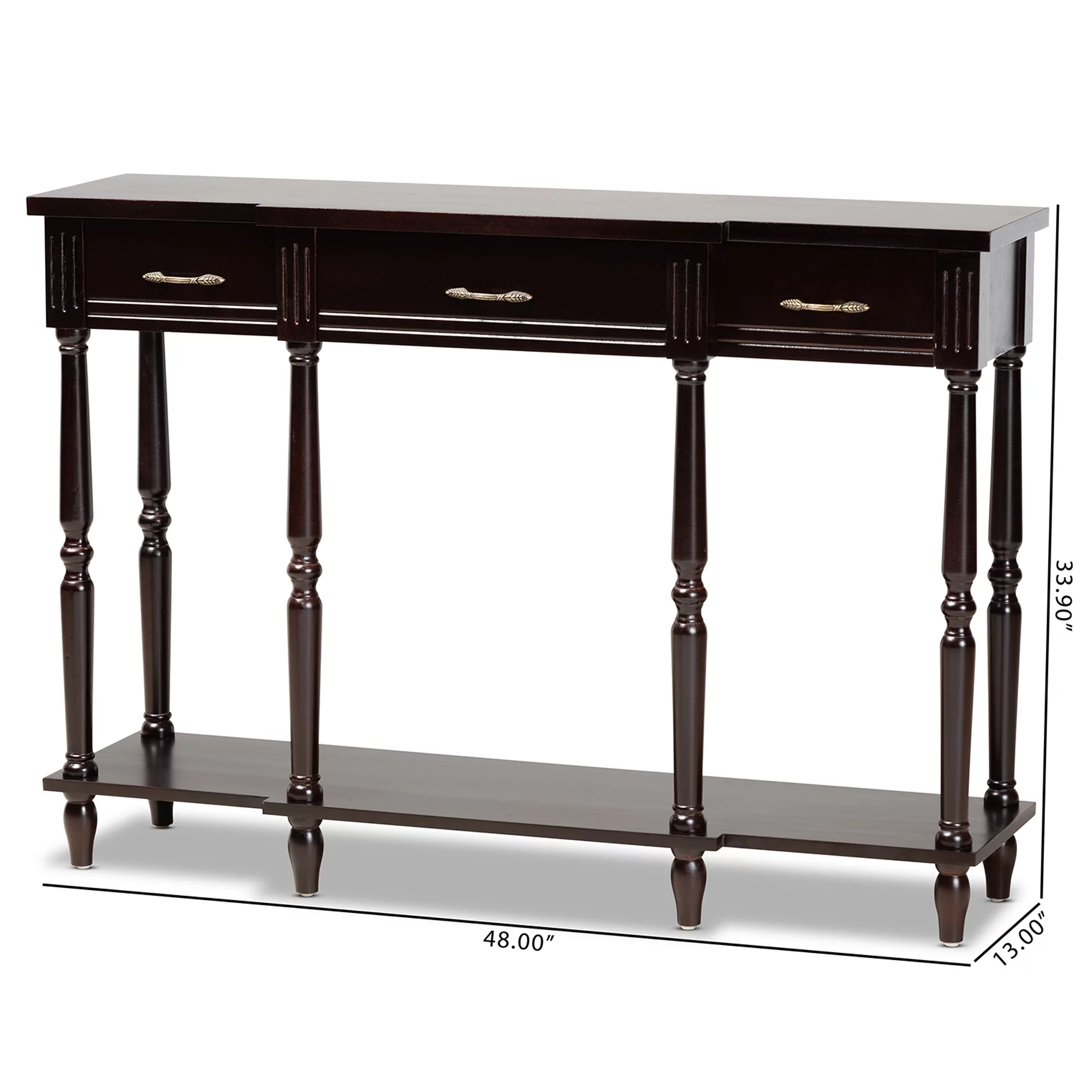 Baxton Studio Hallan Traditional Wood 3 Drawer Console Table, Dark Brown