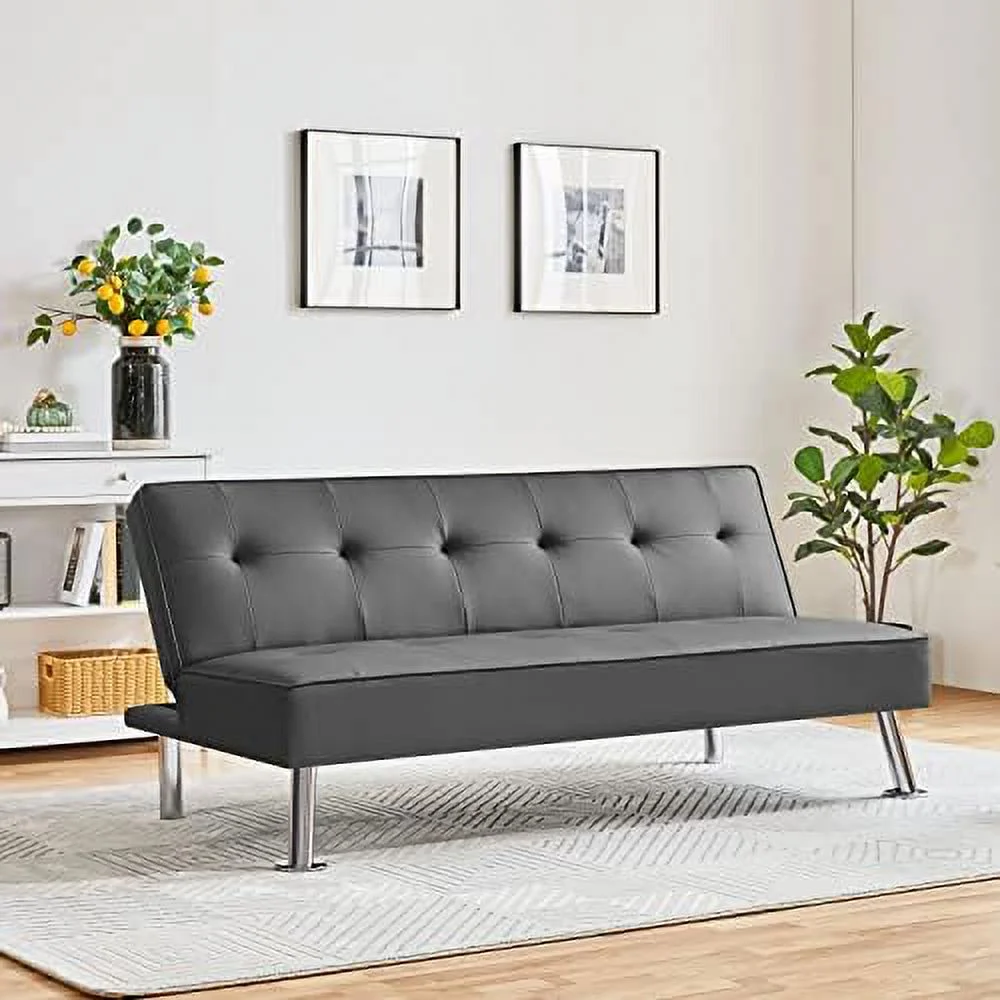 CHNBVC Convertible Sofa Couch Futon Bed Faux Leather Sofa Bed Sleeper Adjustable Loveseat Futon Couch Living Room  with Chrome Metal Legs  Brown