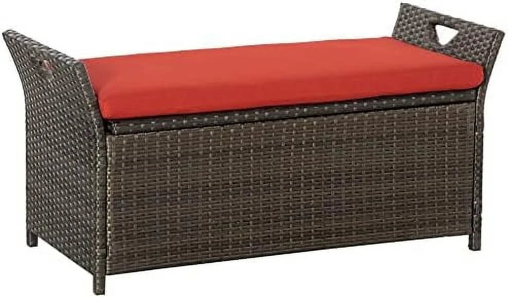 YFbiubiulife 27 Gallon Patio Wicker  Bench  Outdoor PE Rattan Patio   2-in-1 Large Capacity Rectangle Garden  Box with Handles and Cushion  Dark Blue
