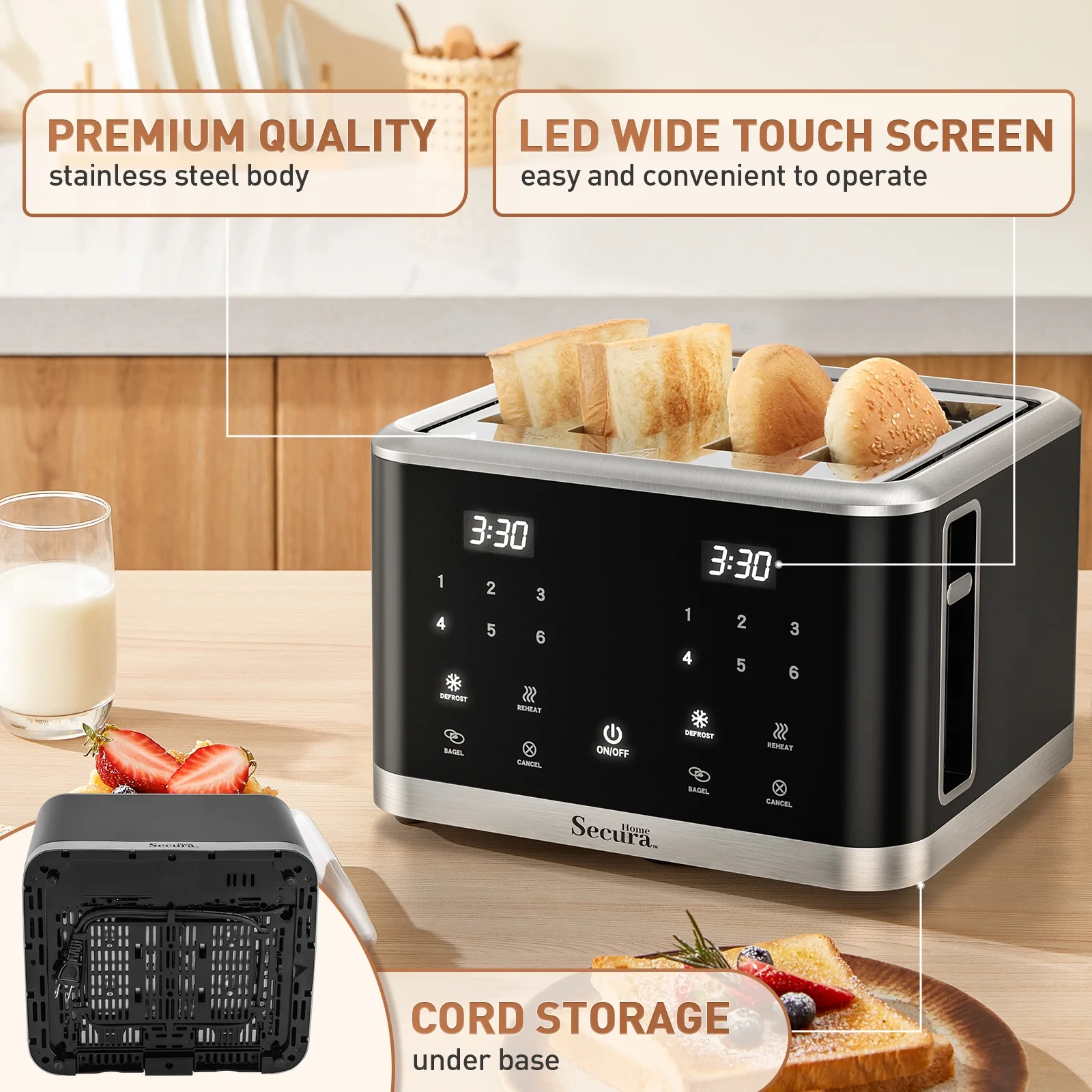 Secura 4-Slice Toaster Extra Wide Slots Toaster Touch Screen Toaster with Dual Control Panels of 6 Shade Settings Toaster Bagel Defrost and Reheat Digital Timer Toaster