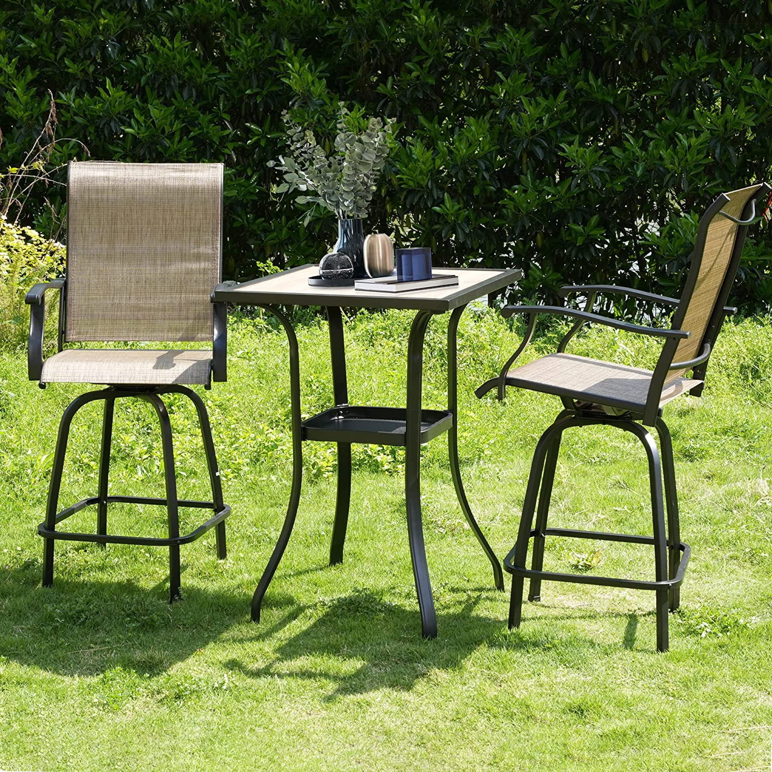 2 Pieces Swivel Outdoor Bar Stools, Height Patio Bar Chair with Armrest, Iron Frame ＆ Breathable Texilence Fabric, All-Weather Patio Furniture for Garden, Pool, Backyard, Brown