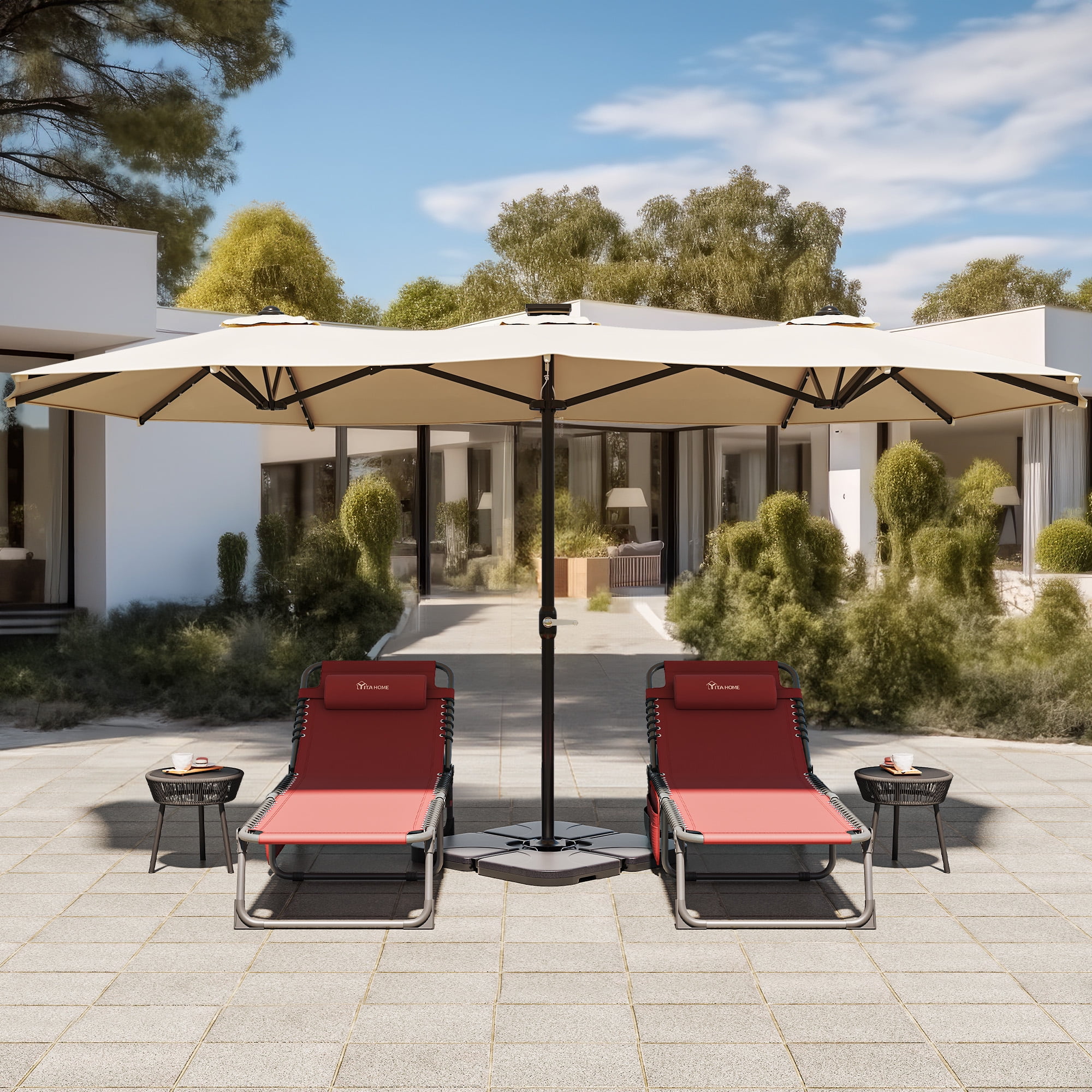 Dextrus 15FT Double-Sided Patio Umbrella with 48 LED Lights, Large Outdoor Market Table Umbrella w/Solar Lights, Khaki