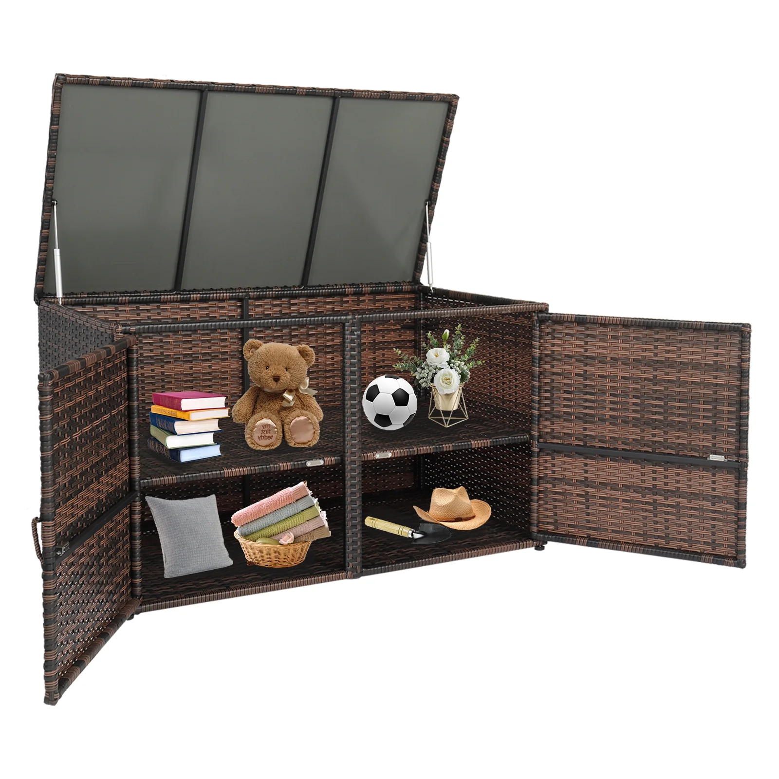 BAYUELSWU Outdoor Wicker Side Table with Storage, 104Gallon Double Door Storage Box, PE Rattan End Table for Furniture Covers, Toys, Gardening Tools (Brown)