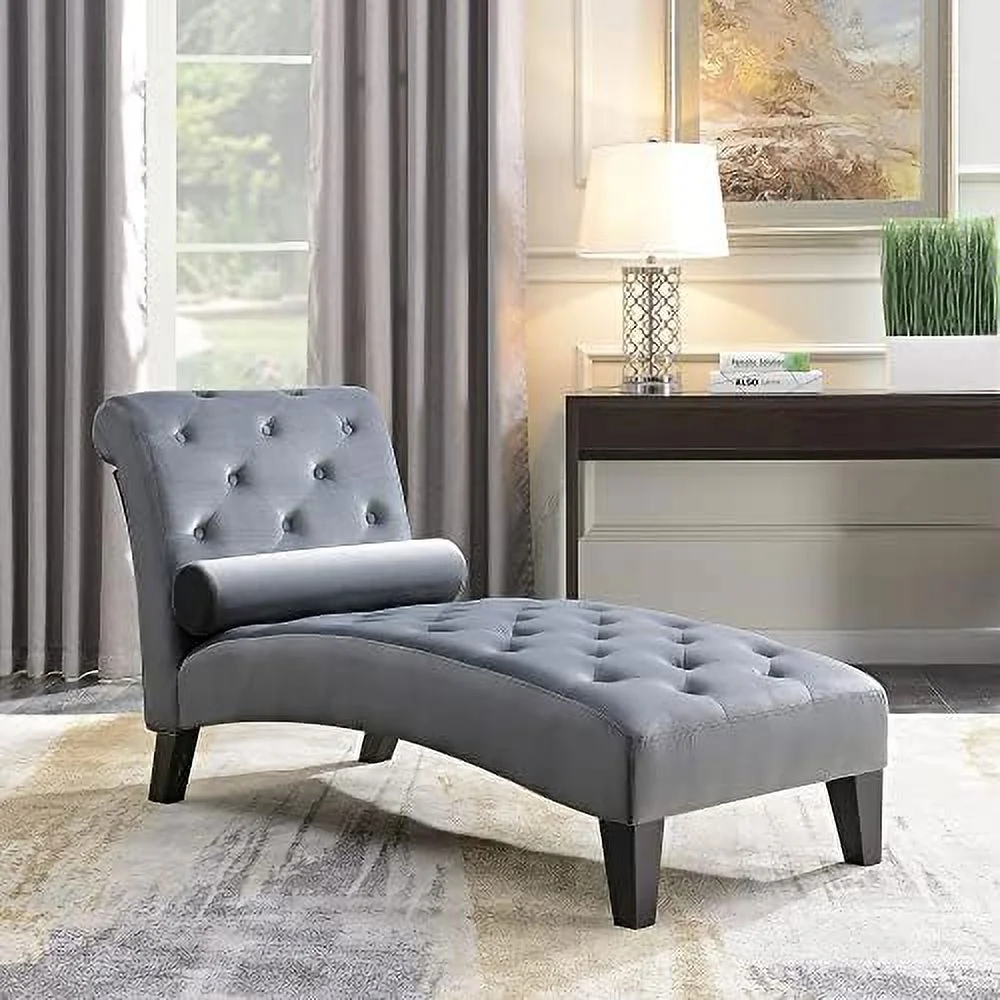 xrboomlife Upholstered Chaise Lounge Chair Indoor  Modern Leisure Chaise Lounge Sofa Couch  Button Tufted Back Seat with Matching Accent Pillow  and Hardwood Legs -  (Gray)
