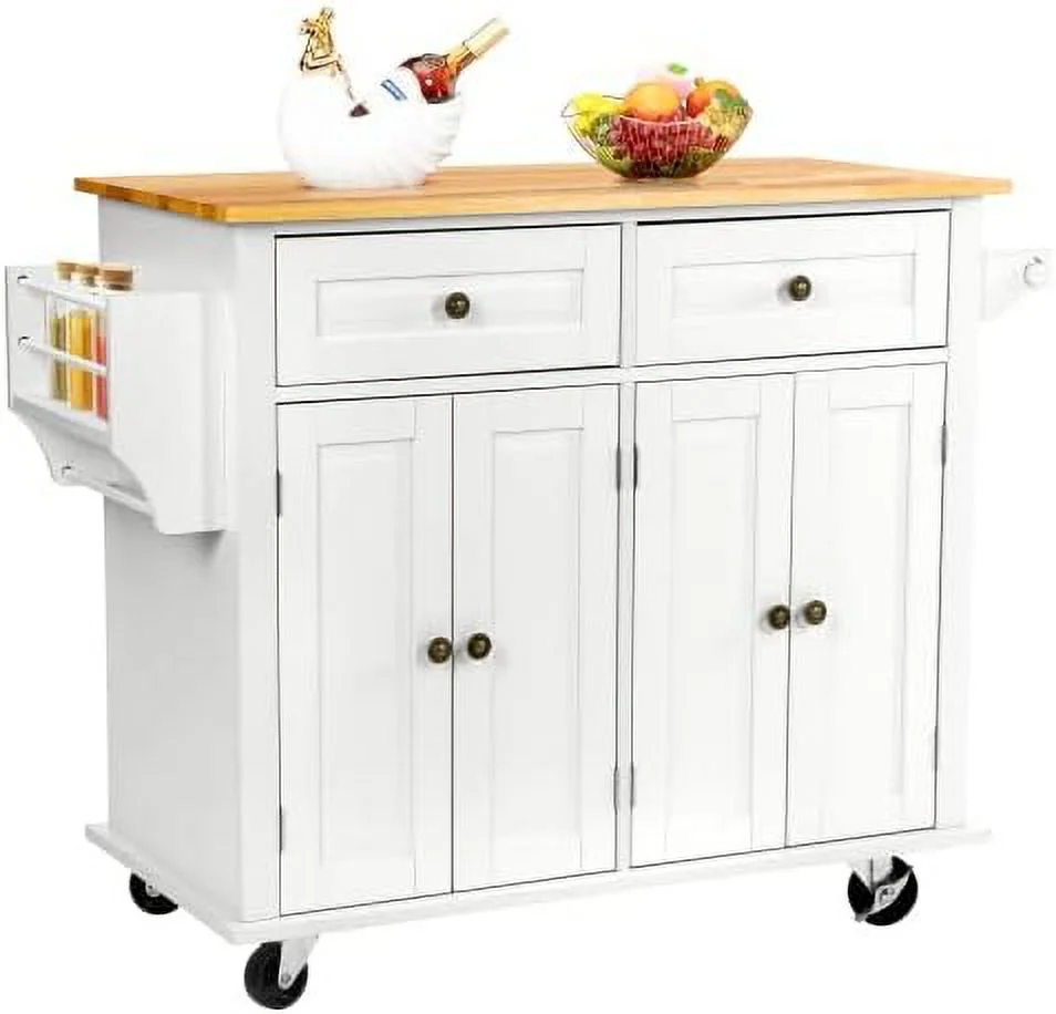 CHYRFCV 43" Kitchen Island with   Rolling Kitchen Cart with Lockable Wheels  Solid Wood Tabletop Kitchen Island Table for Kitchen  Living Room  White