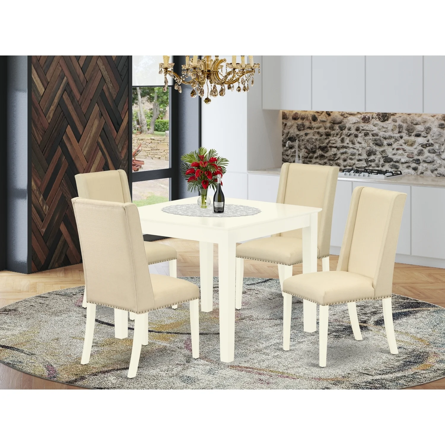 HomeStock Retro Renaissance 5-Piece Dinette Set- 4 Parson Chairs And A Dining Table Solid Wood Structure - High Back & Linen White Finish