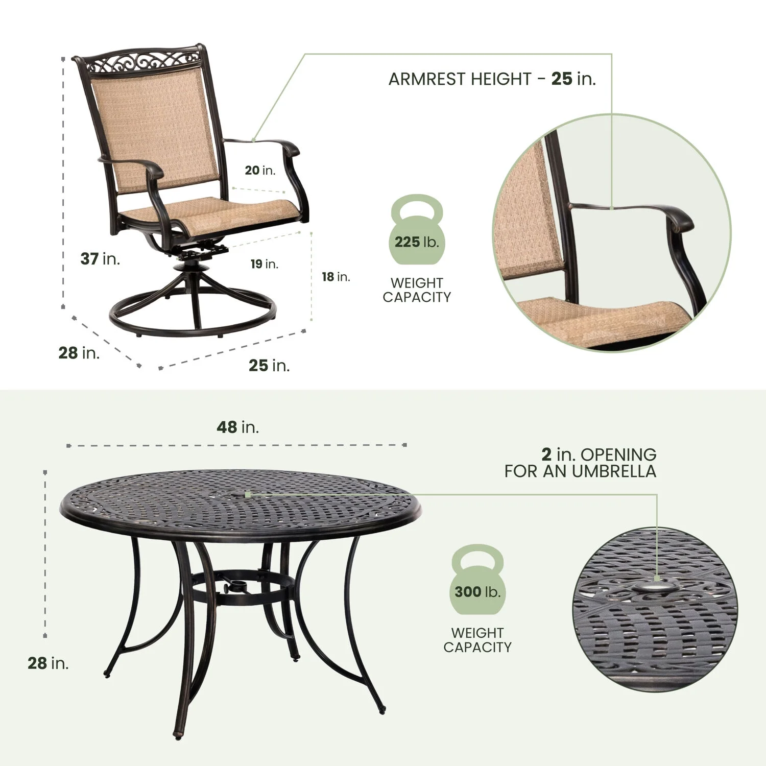 Hanover Fontana 5-Piece Outdoor Dining Set with 4 Sling Swivel Rockers and a 48-In. Cast-Top Table