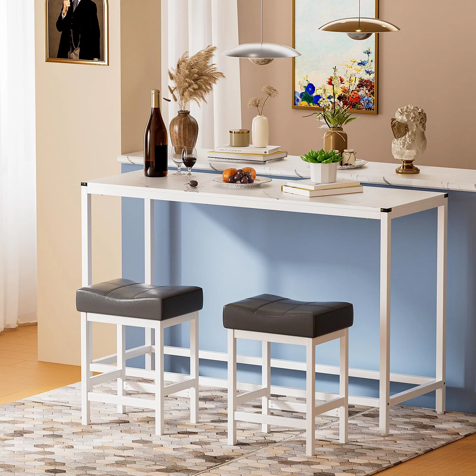 Duerer 3 Pieces Bar Table Set, Counter Height Bar Dining Table with Stools Set, White