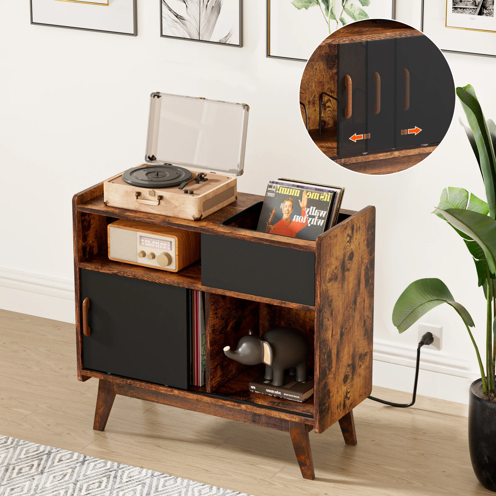 HAIOOU Record Storage Cabinet with Power Outlet and LED Lights for Living Room, Bedroom,Office