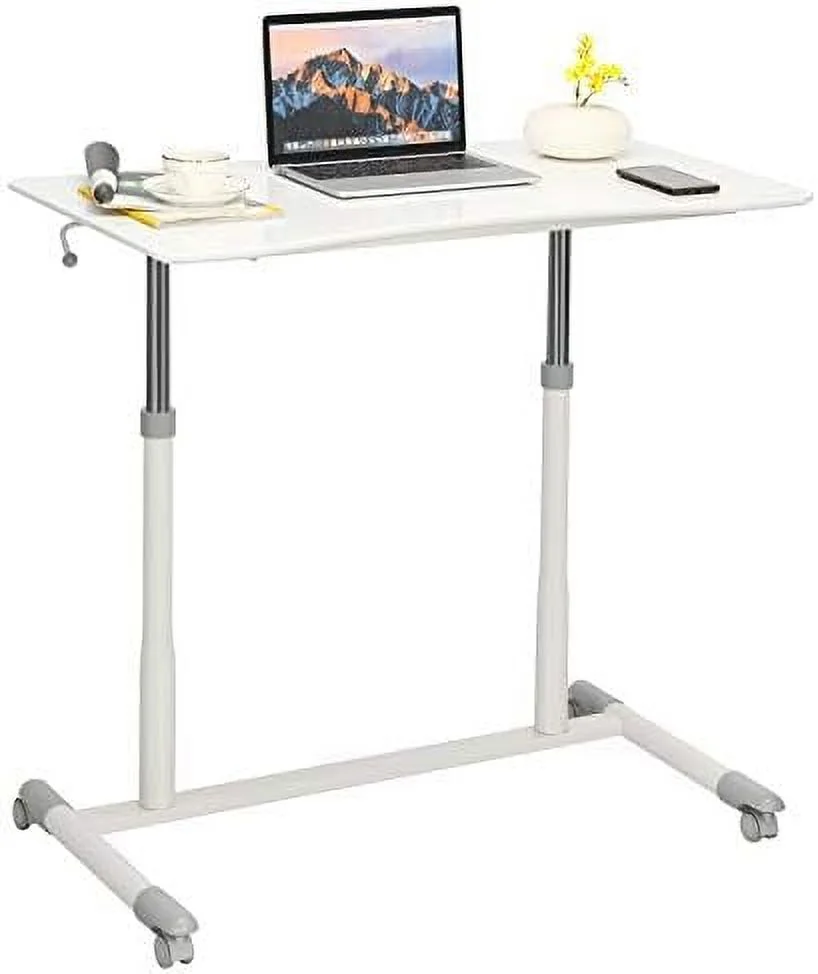 JDZHAPPYLIFE Mobile Computer Desk with Steel Frame  Small Height Adjustable Rolling Compact Stand Up Desk on Wheels  MDF PVC Tabletop  Ideal for Home Office  White