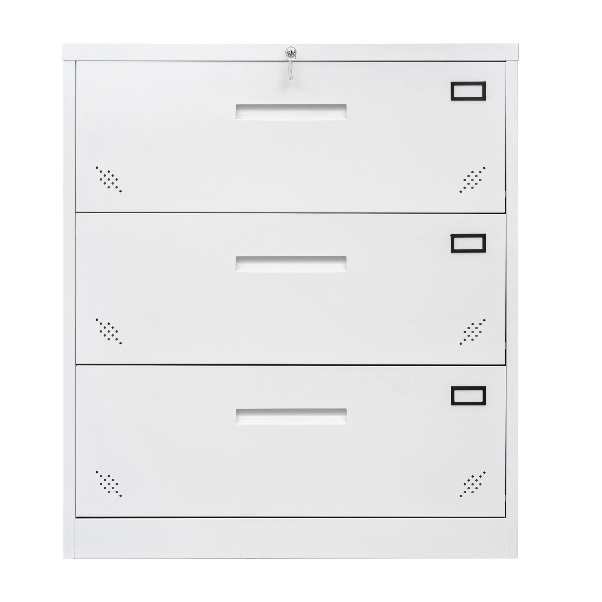 Modern Concise Large Capacity Steel Lockable Lateral File Cabinet with Three Drawers, for Home Office, White