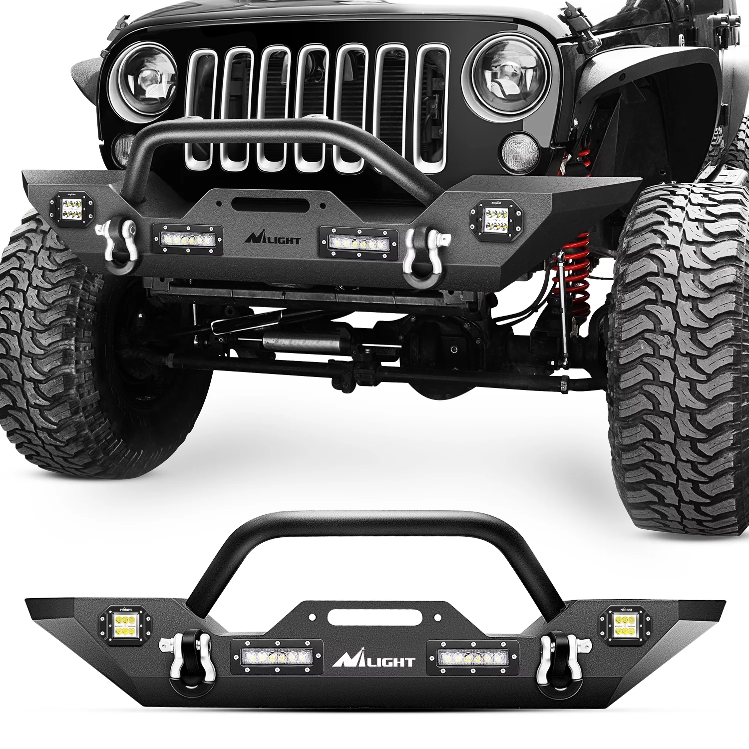 Nilight JK-51A Front Compatible for 07-18 Jeep Wrangler JK & Unlimited Rock Crawler Bumper with 4 x LED Lights, Winch Plate and 2 x D-Rings,Upgraded Textured Black,2 Years Warranty