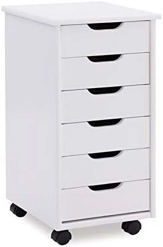 Six Drawer Wood Rolling Storage Cart in White Wash