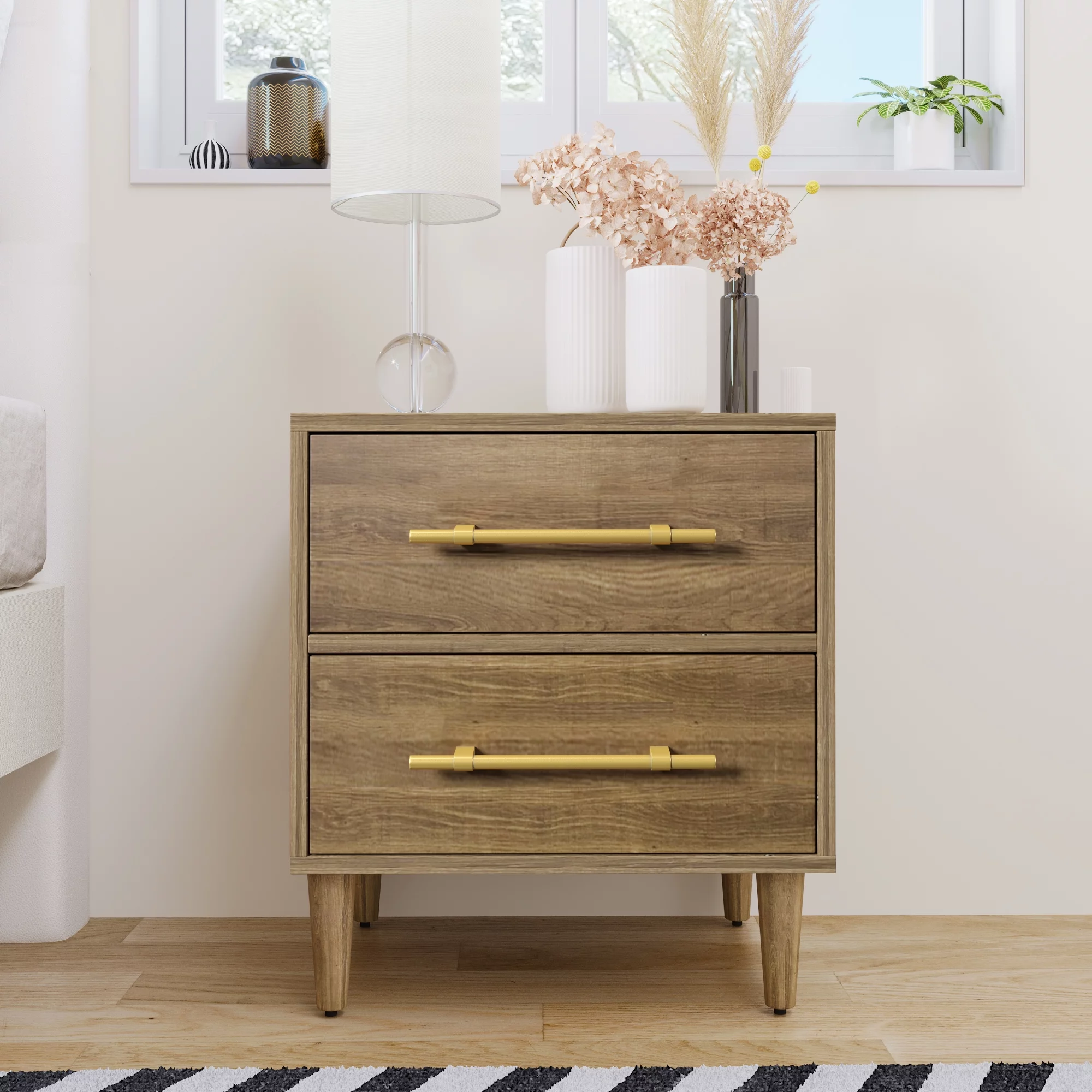 Lausatek Mid-Century Modern Easy Assembly Nightstand with Golden Handles With Two Drawers on Ball Bearing Drawer Slides & Gold Drawer Pulls