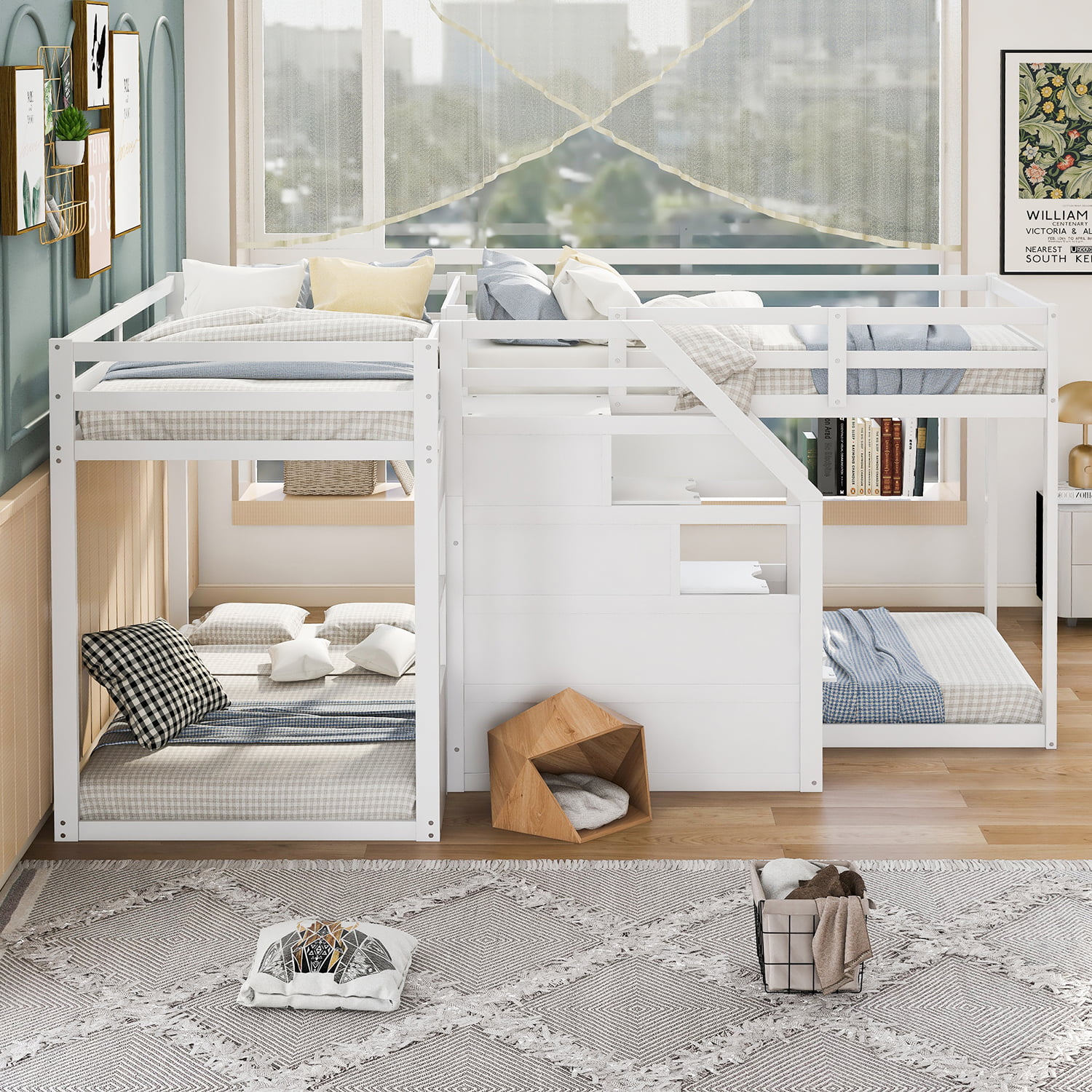 CHURANTY Twin Over Twin Quad Bunk Beds,Wood L-Shaped Bunk Beds with Built-in Middle Staircase, 4 Beds Bunk Bed for Kids, Teens, Adults,White