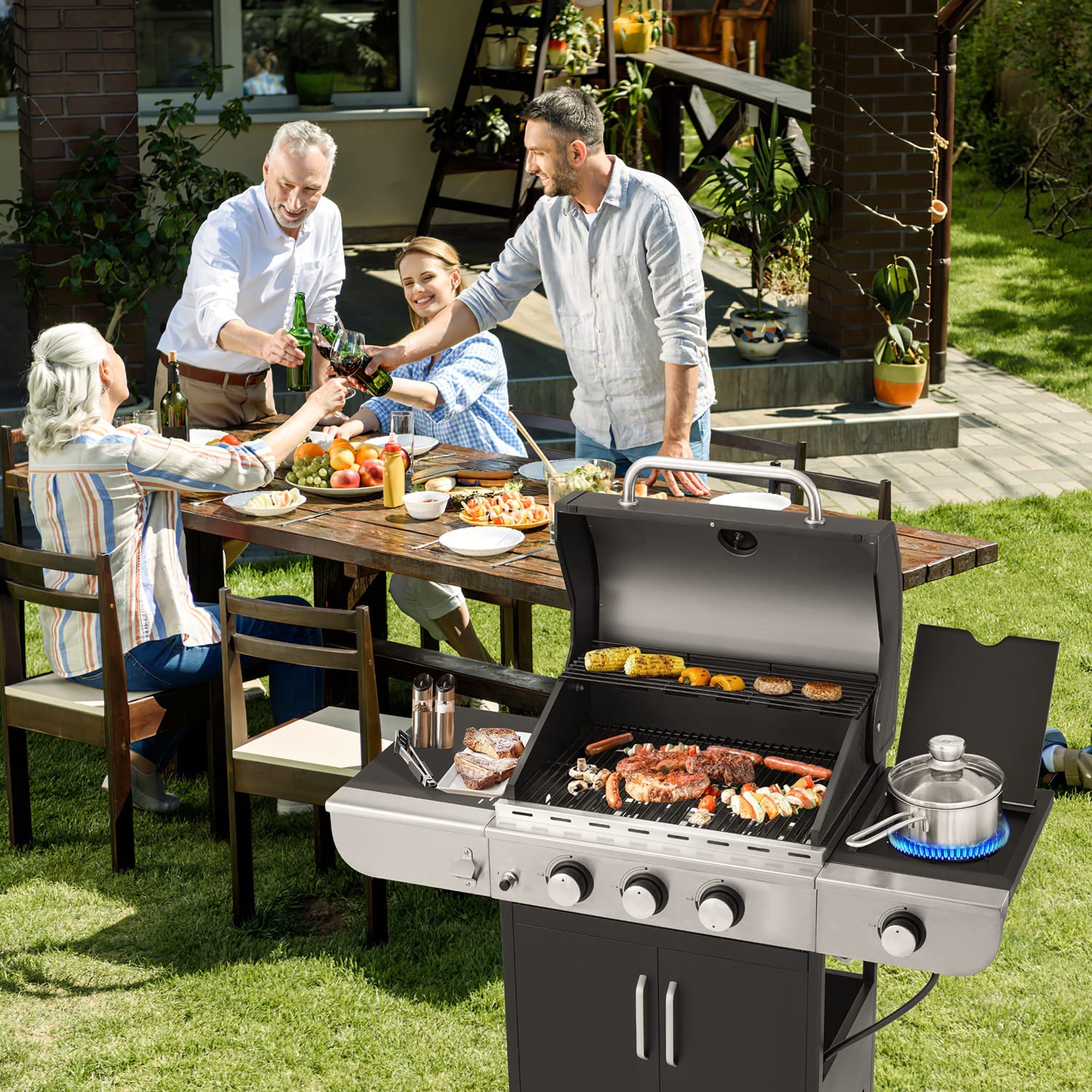 3 Burner BBQ Propane Gas Grill, 34,000 BTU Stainless Steel Patio Garden Barbecue Grill with Stove and Side Table