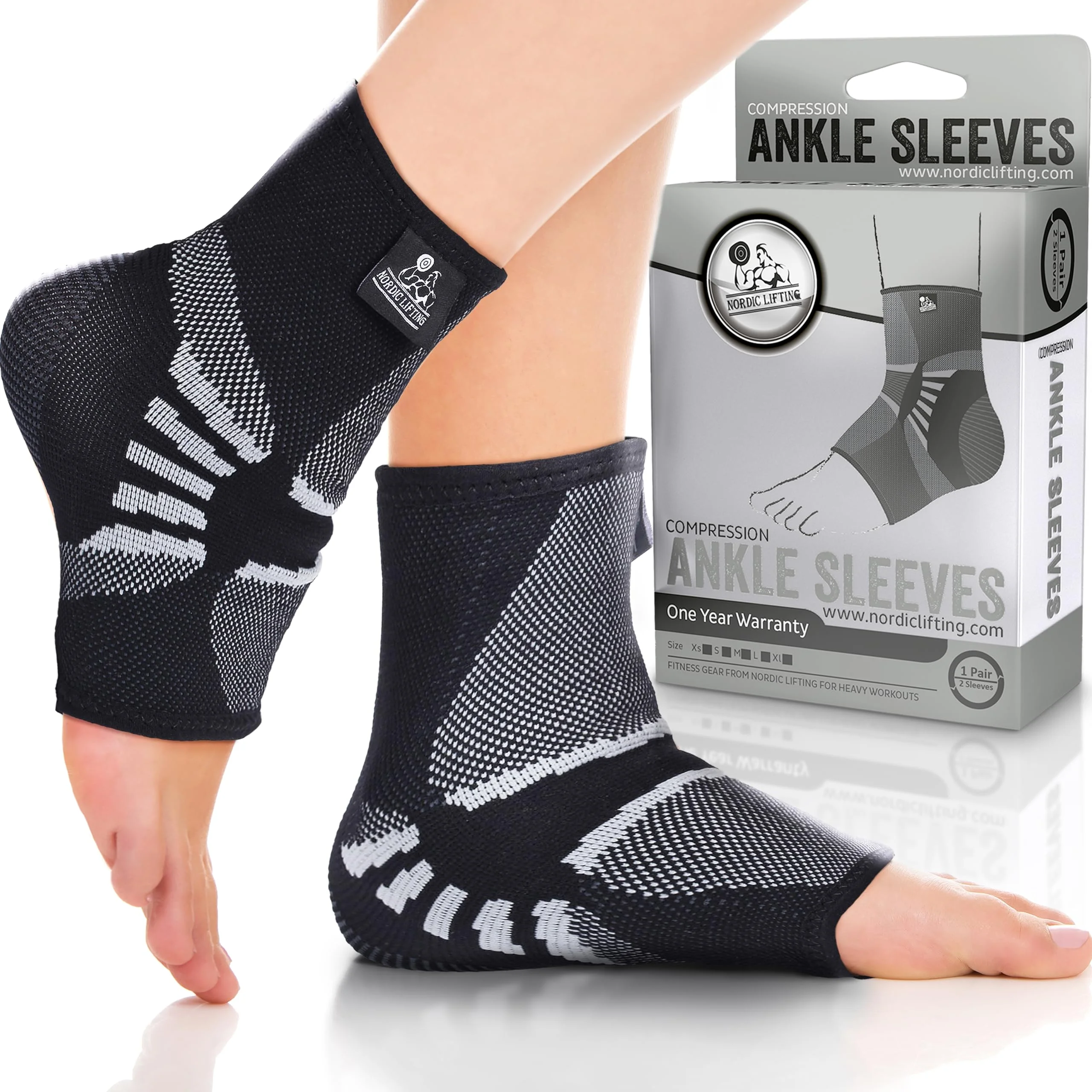 Nordic Lifting Ankle Compression Sleeves (1 Pair) - Support for Injury Recovery & Prevention - (Grey, Medium)