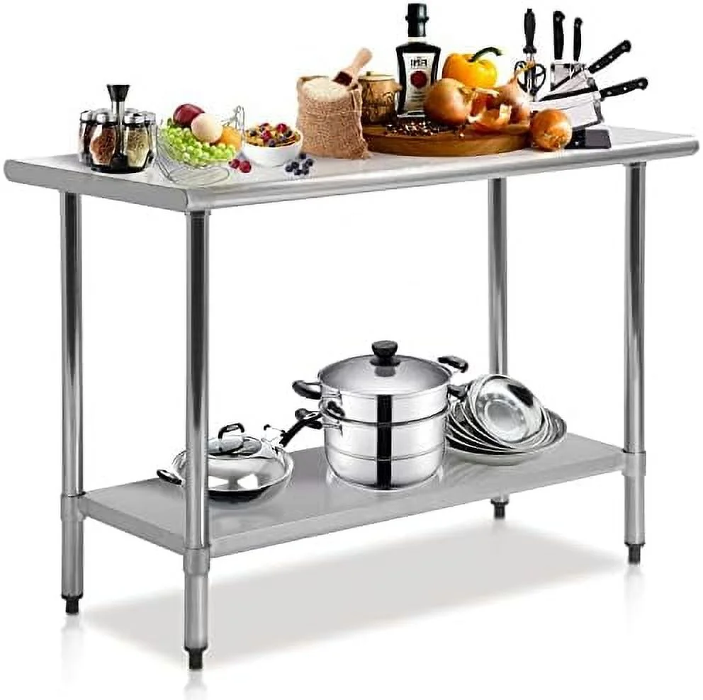 CHTYVC Kitchen Work Table Stainless Steel NSF Commercial Worktable with Adjustable   24 X 48 Inches  Scratch Resistant Heavy Duty Metal Food Prep Table for Garage Restaurant Kitchen Silve