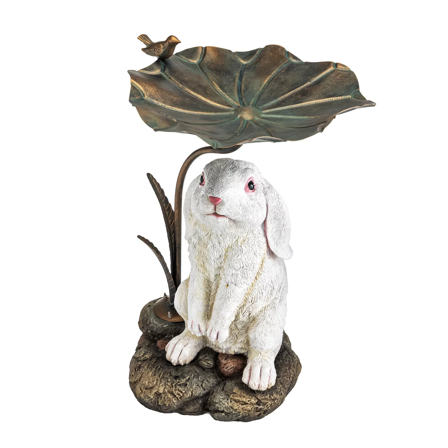 BUNNY WITH METAL LEAF BIRDBATH