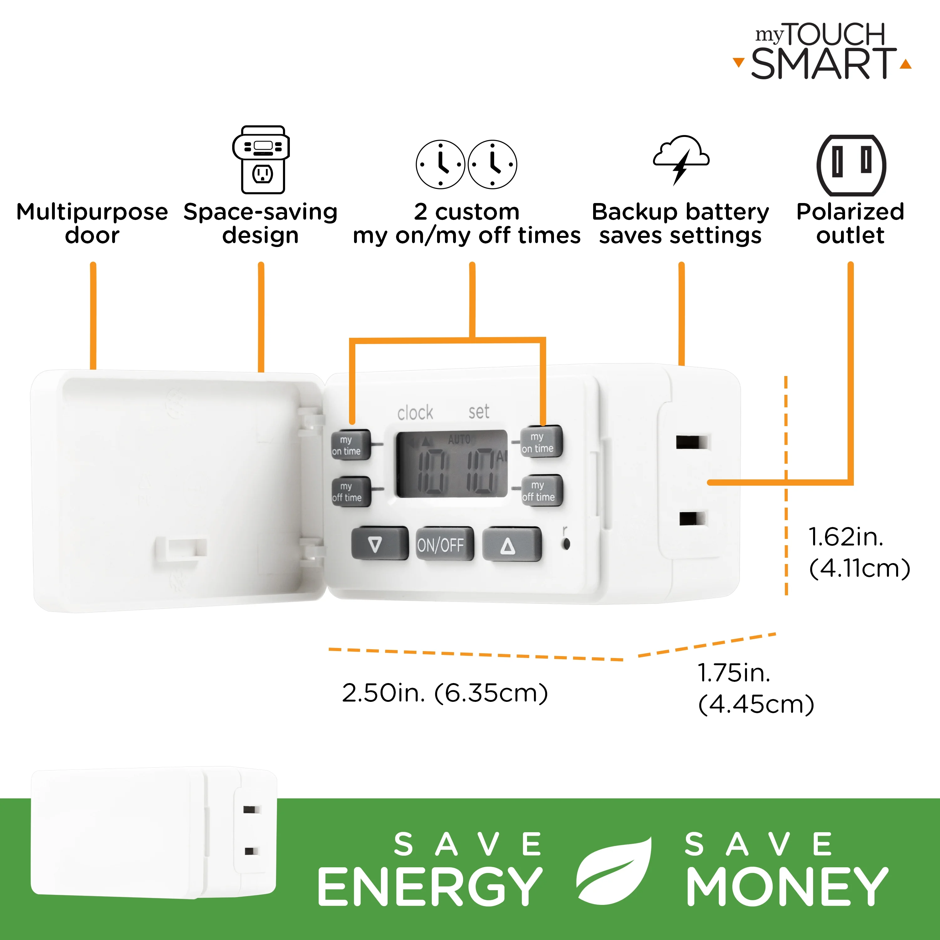 myTouchSmart Digital Fashion Timer, 1-Outlet Polarized, 2 Settings, 24hr, White, Cover