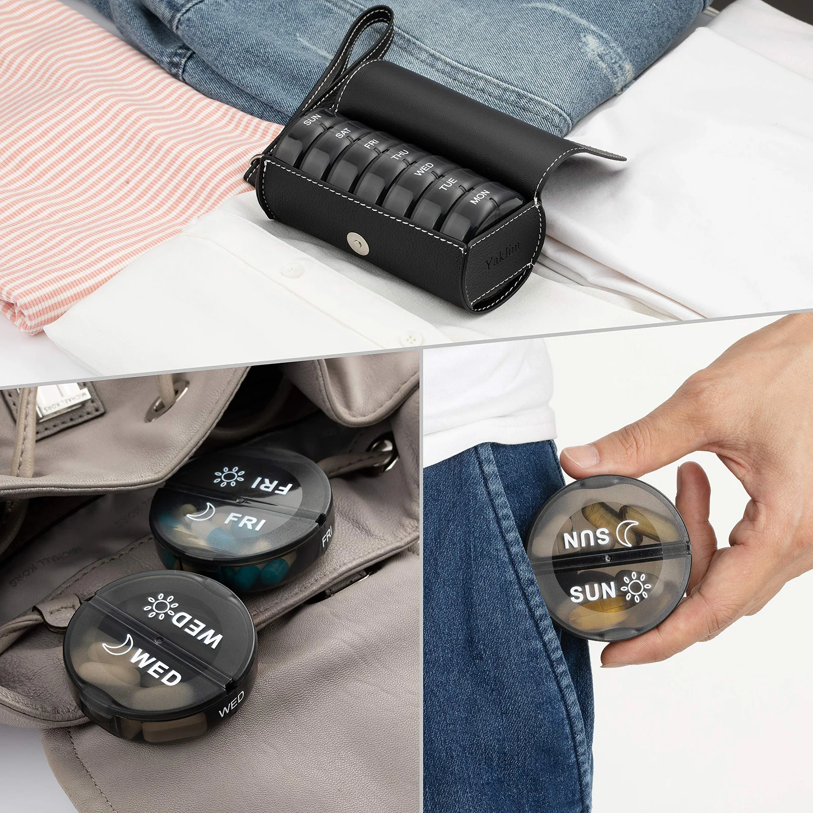 Pill Organizer 2 Times a Day,Weekly Large Daily Pill Box with PU Leather Case for Travel,Round Medicine Organizer,7 Day Pill Container for Vitamin Fish Oils Supplement