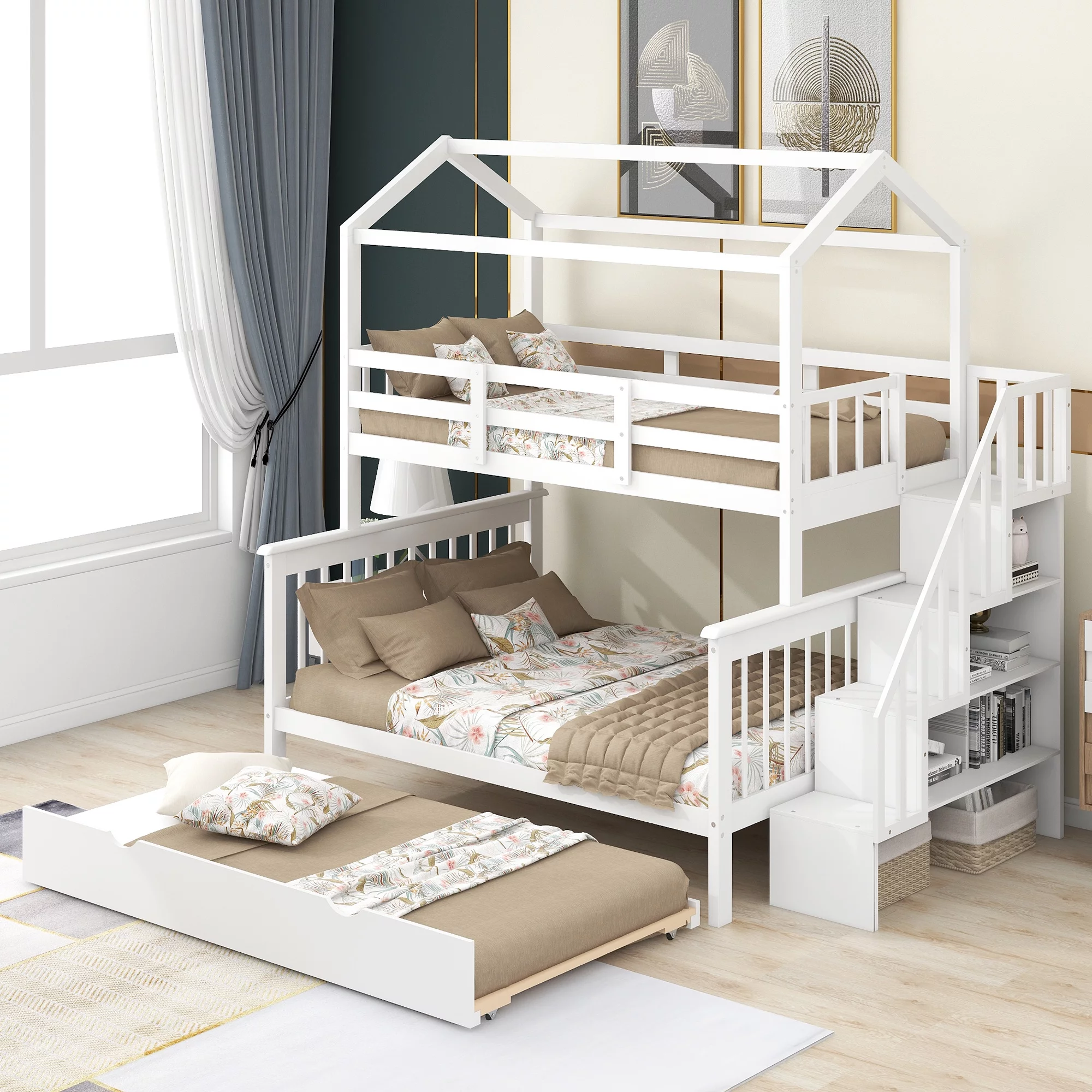 EUROCO Twin over Full House Bunk Bed with Trundle and Staircase, White