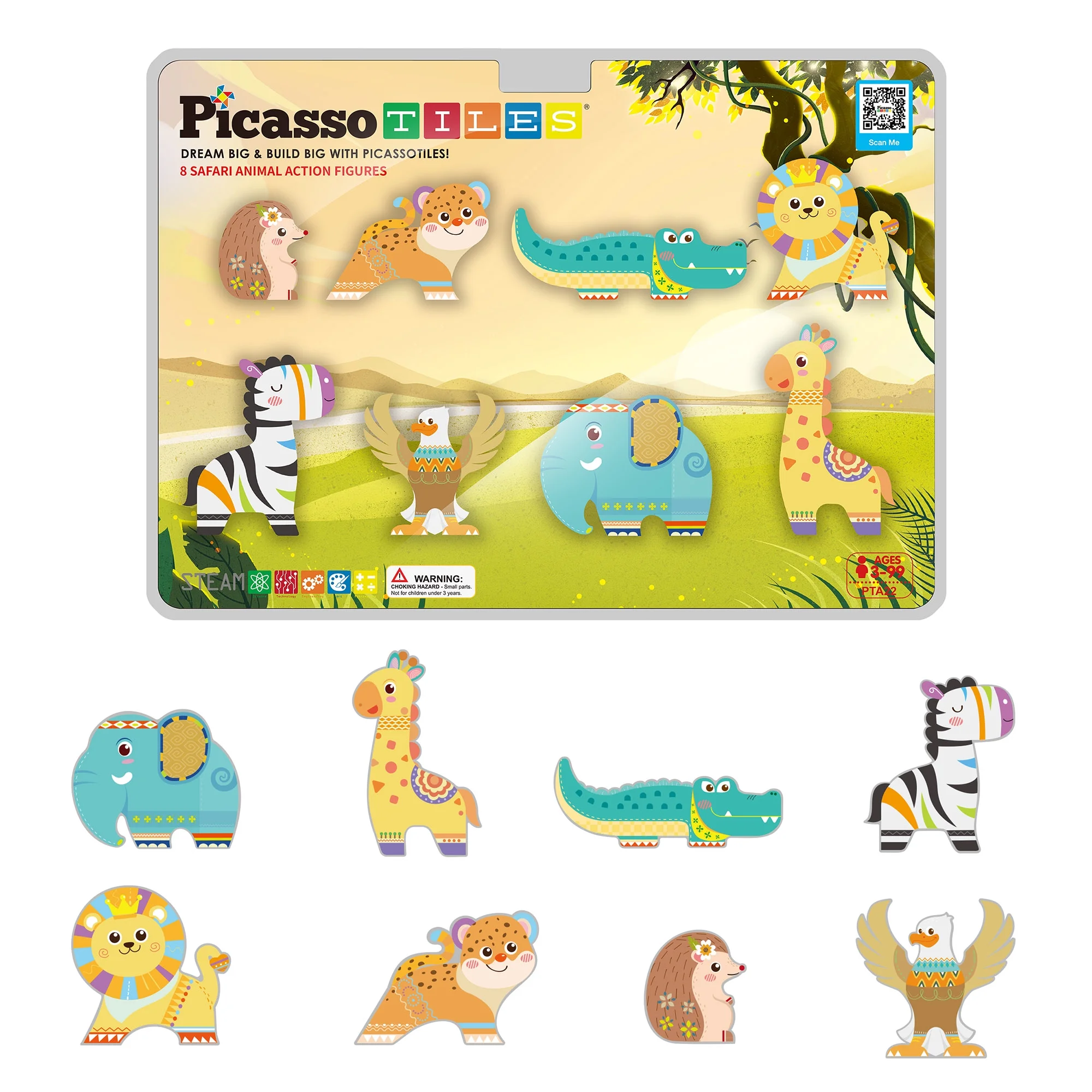 PicassoTiles 8PC Safari Animal Themed, Magnetic Tiles, Magnetic Building Blocks for Kids, Magnet for Kids 3+