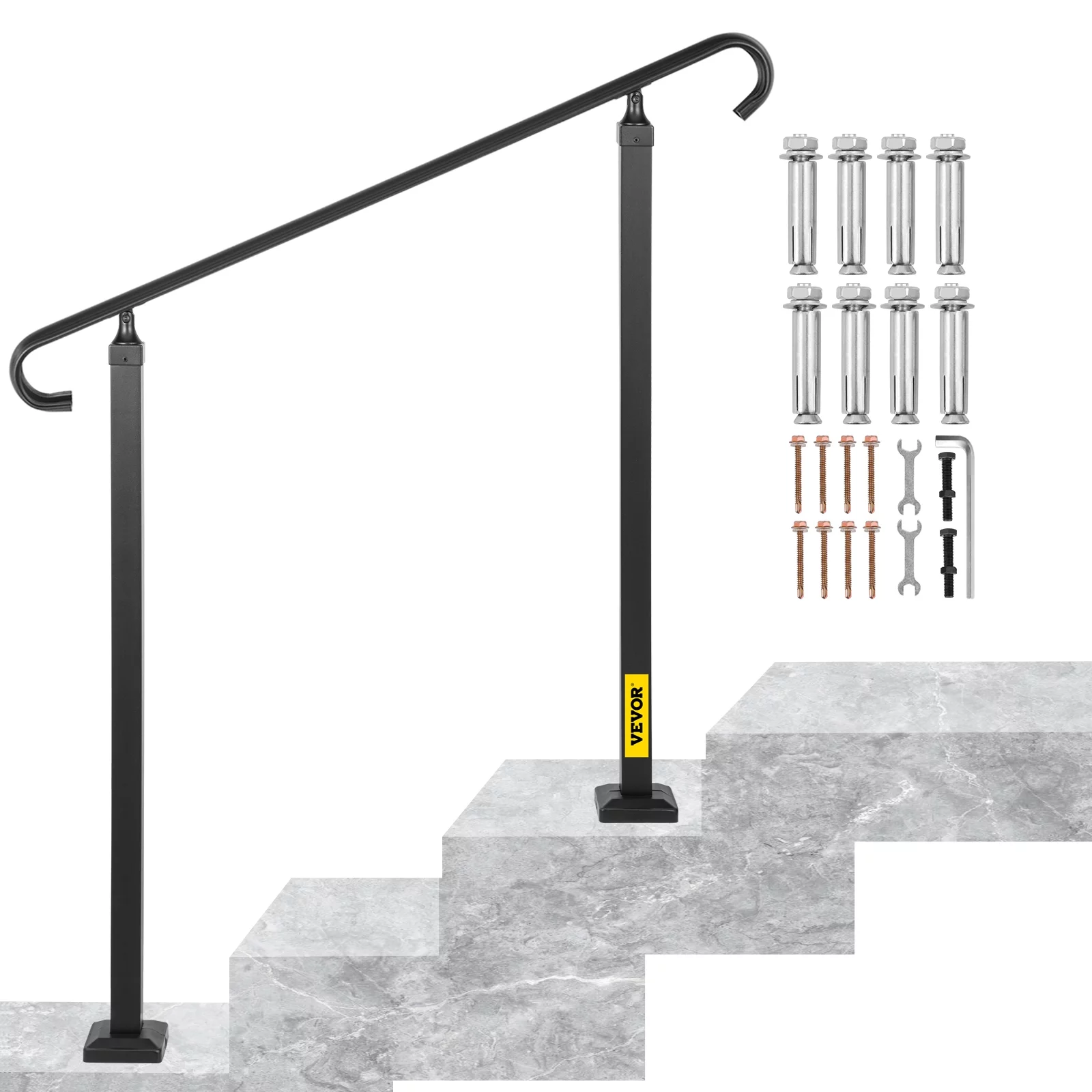 VEVOR Handrail for Stairs Outdoor Stair Railing Fit 2 or 3 Steps with Installation Kit, Alloy Metal Hand Railing, Black