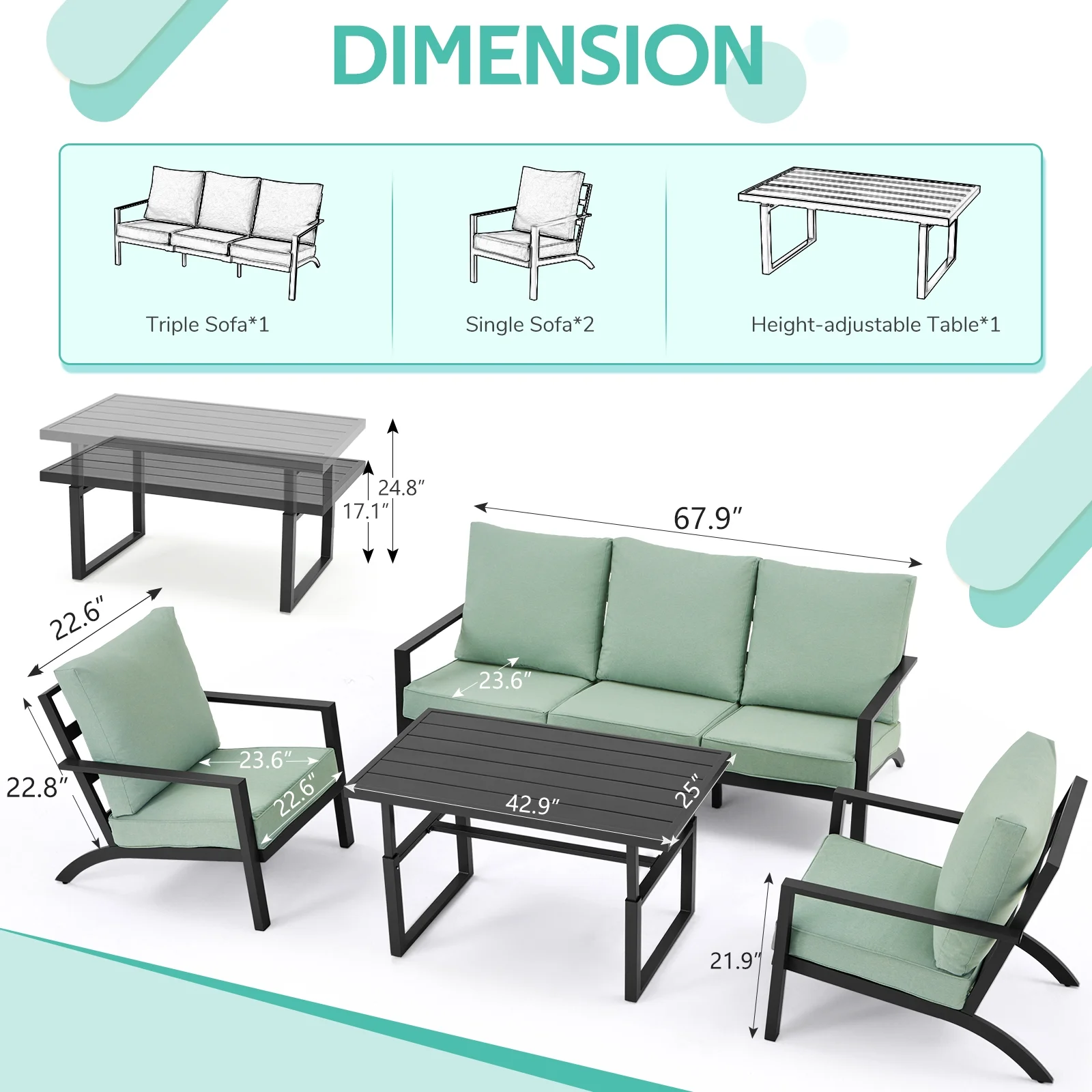Danrelax 4 Pieces Aluminum Patio Furniture Set, Patio Conversation Set,  Green
