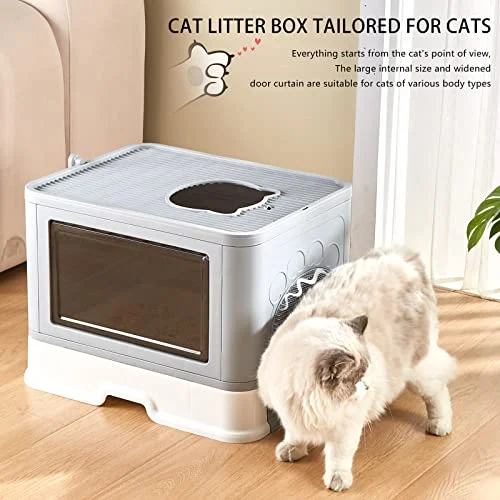 TUOKE Cat Litter Box Foldable Cat Litter Tray, Top Entry Cat Litter Box with Tray, Lid and Pet Litter Shovel ，for Easy Cleaning(Grey)