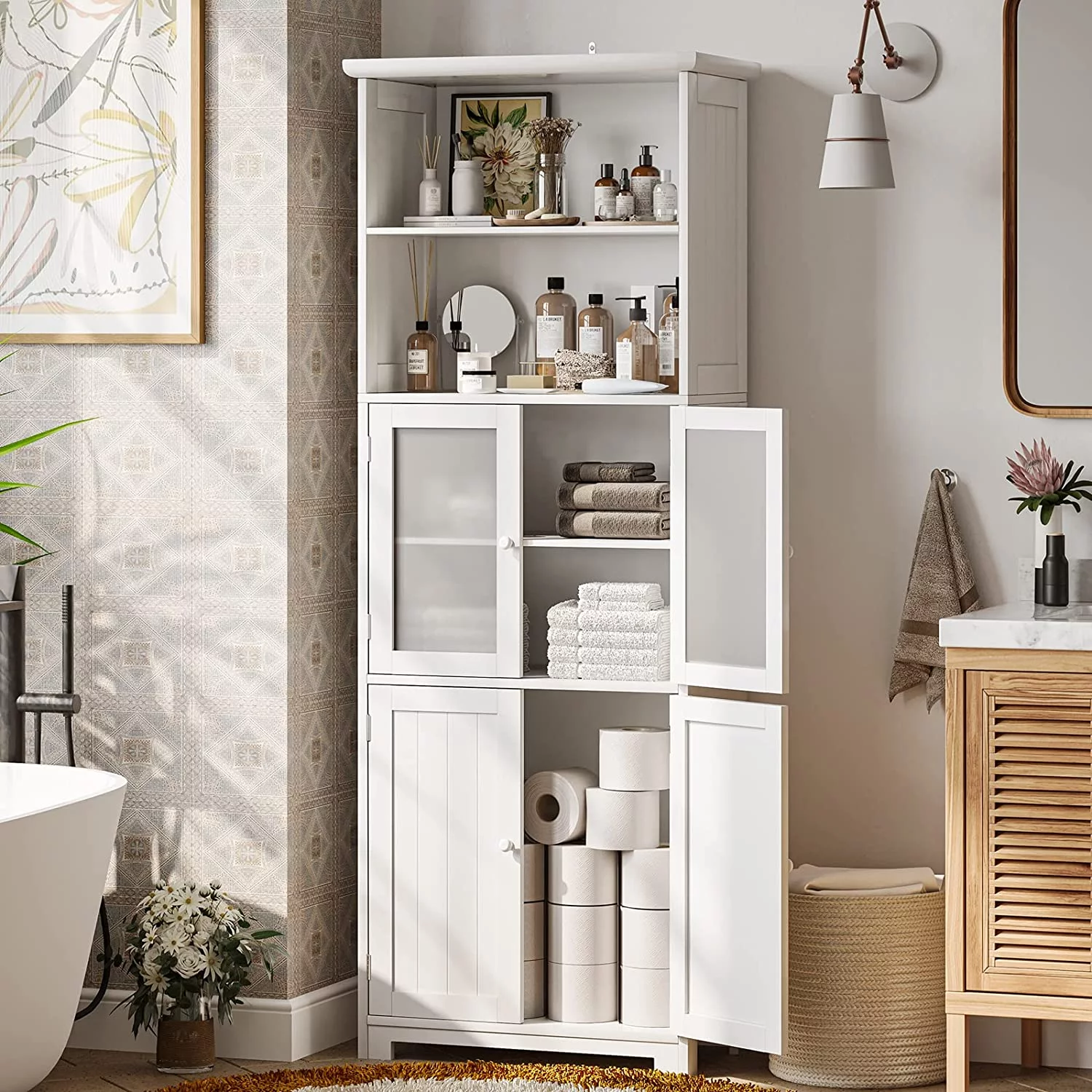 TJCGDTY Bathroom  Cabinet  Tall Bathroom Cabinet with Adjustable Shelves and Glass Doors  for Bathroom  Kitchen  11.2" D x 23.6" W x 64" H  White