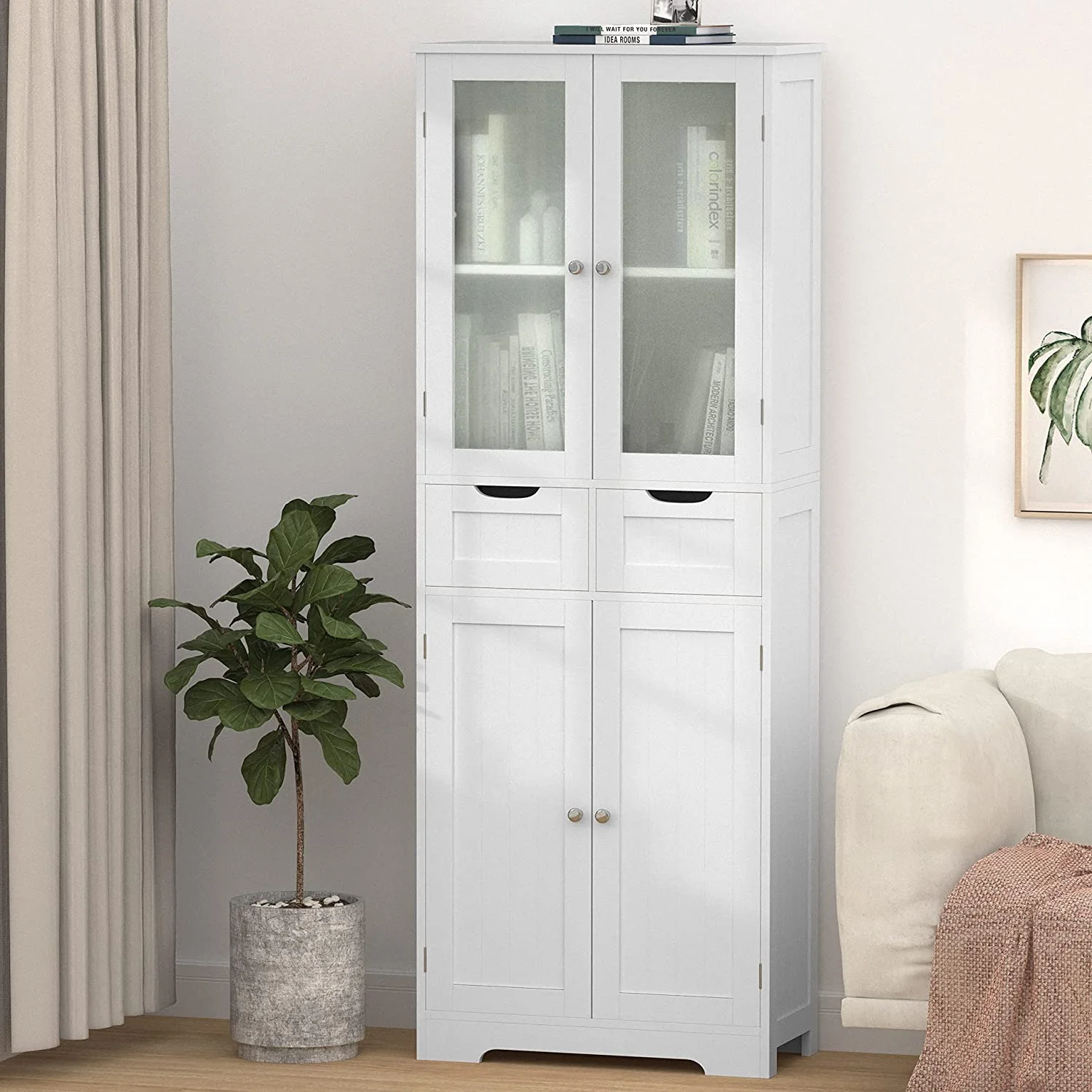 JDZHAPPYLIFE 67" Tall  Cabinet  Freestanding Kitchen Pantry Cabinet with Glass Doors and Shelves  Large Linen Bathroom Cabinet with 2 Drawers for Living Room  Kitchen  Dining Room  Of