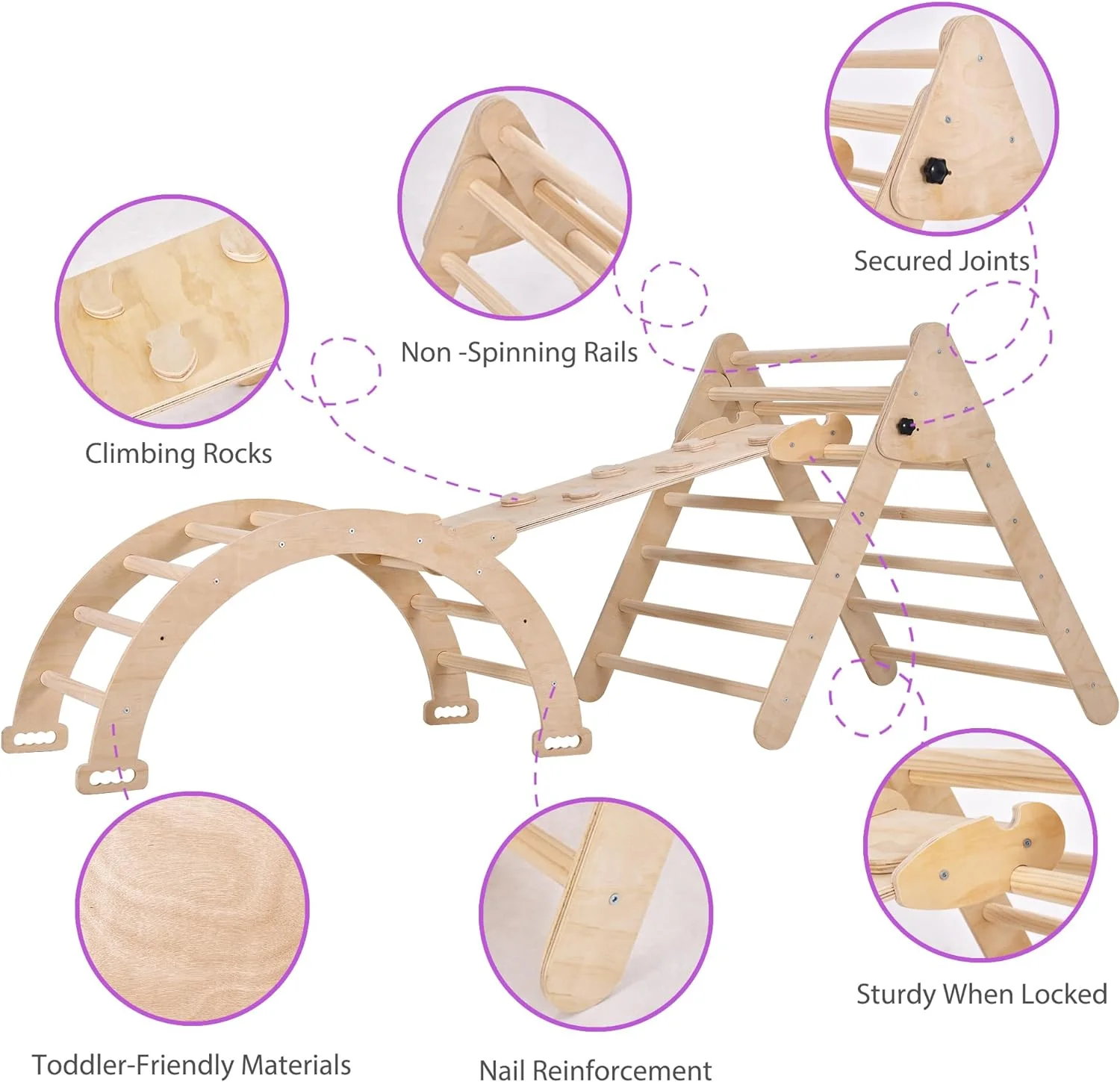 4 in 1 Pikler Triangle Climber, Foldable Wooden Triangle Ladder Montessori Climbing Toys with Ramp Arch Climber Rocker Indoor Outdoor Gym Playground Climbing Toys for Toddlers(Natural)