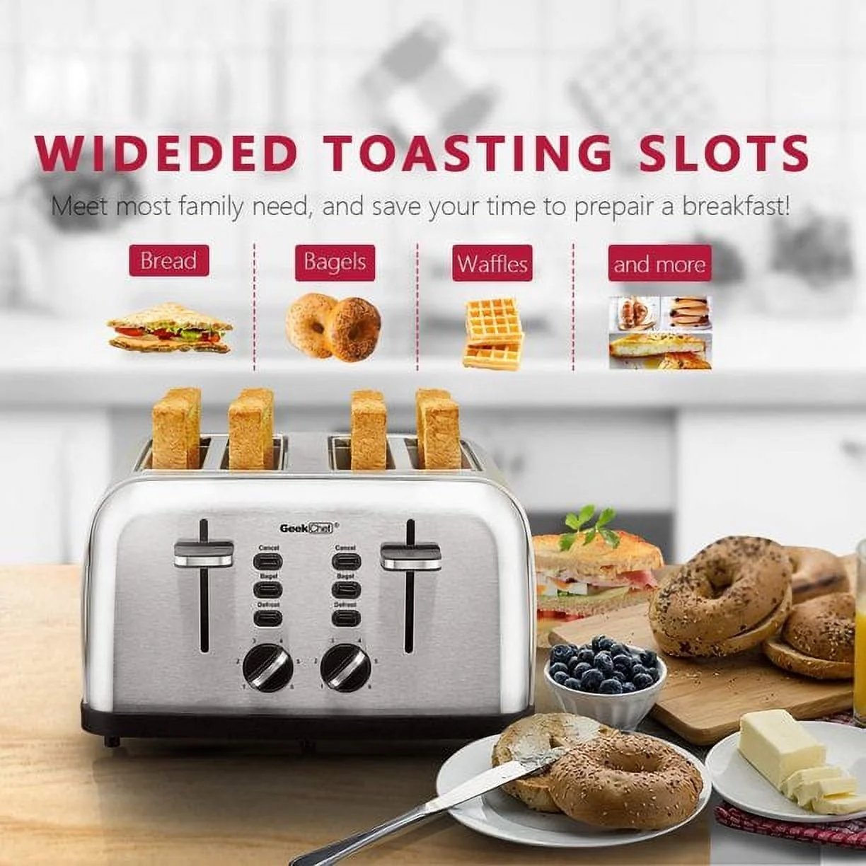 Risewill Extra Wide Slots Four Slice Toaster, Bagel/Defrost/Cancel Function 6 Browning Settings Auto Pop-up Removable Crumb Tray (4-slice), Stainless Steel