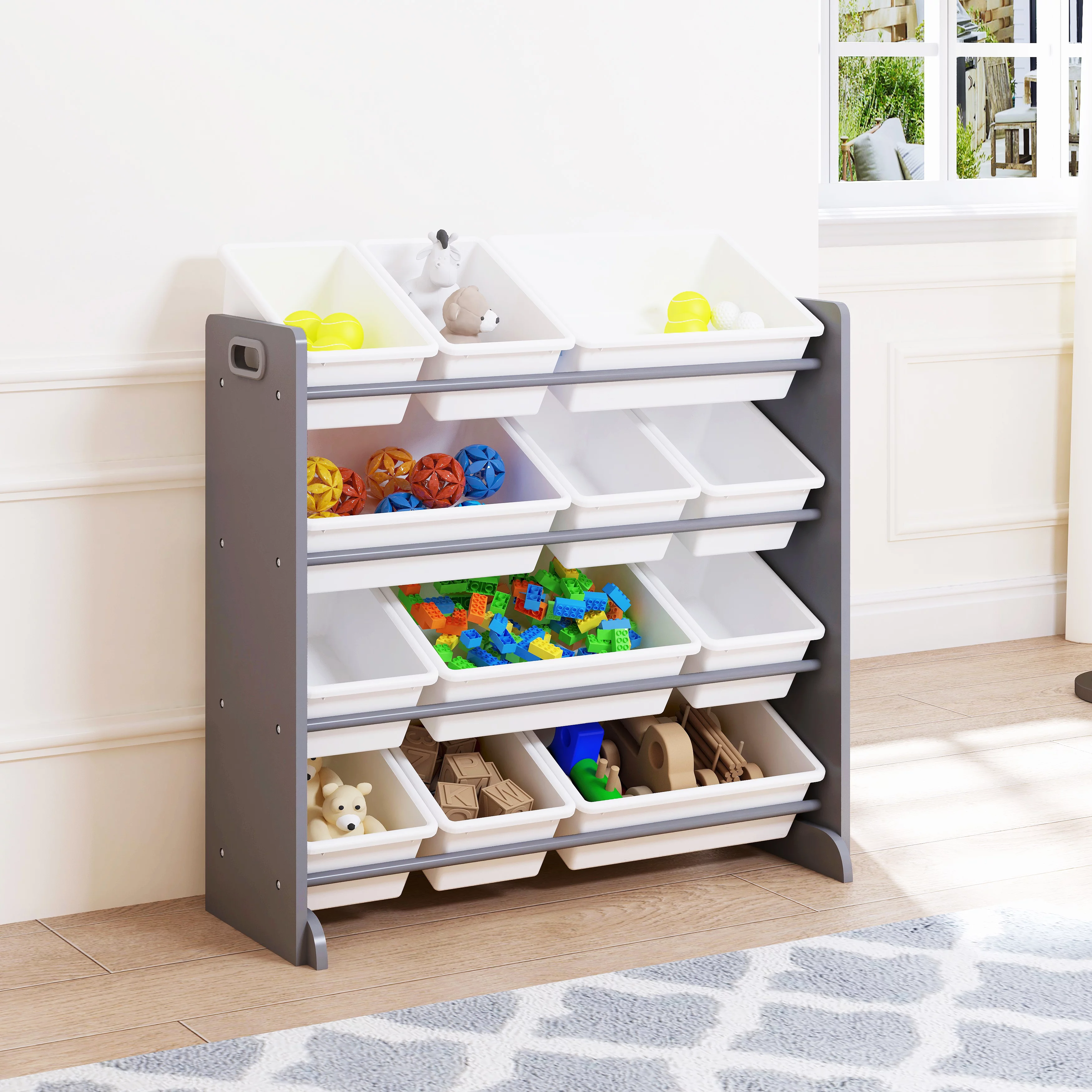 UTEX Kids' Toy Storage Organizer with 12 Plastic Bins, Grey