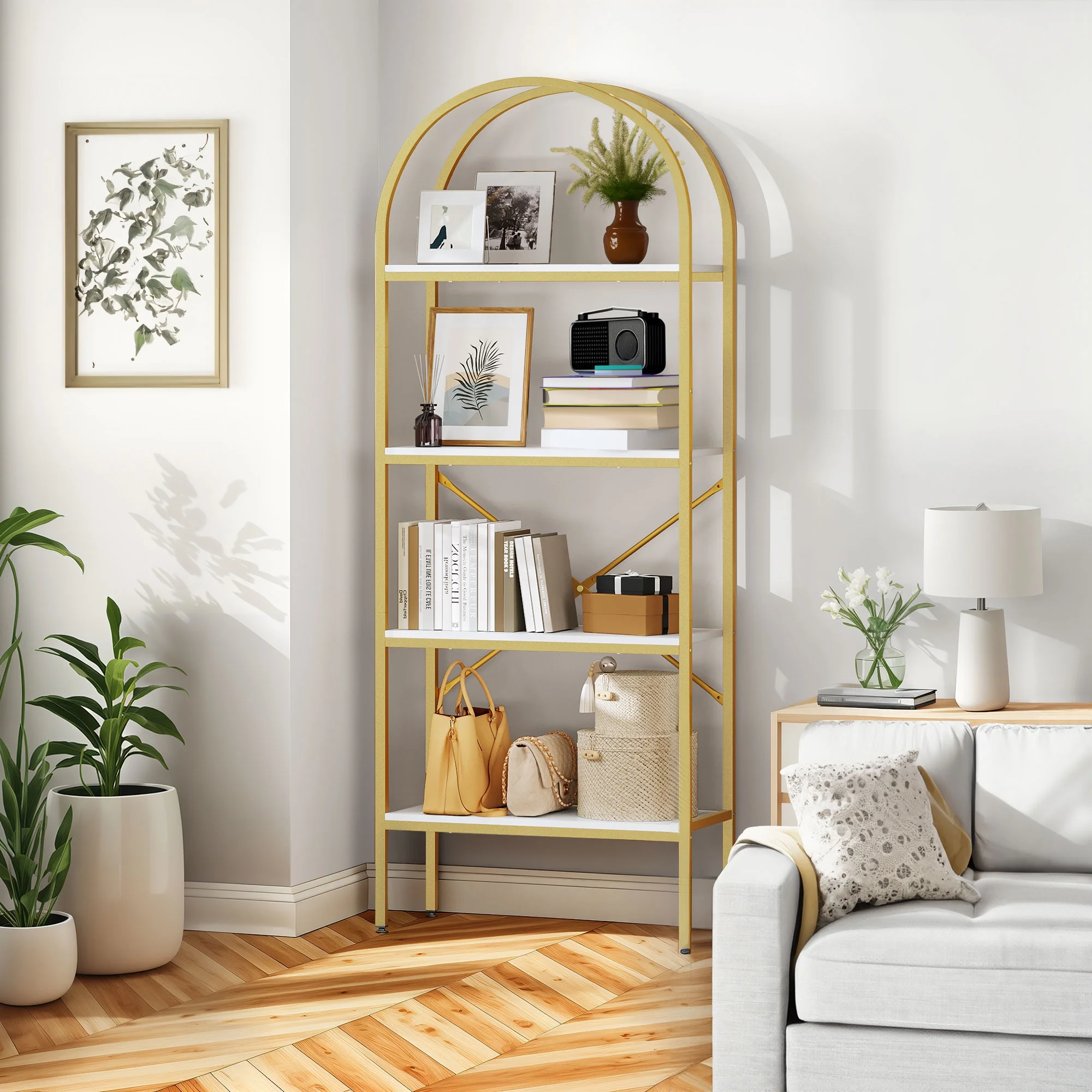 ModFusion 4-Tier Arched Gold Bookshelf Display Storage Modern Bookcase Organizer with Metal Frame for Living Room Office Bedroom, Gold