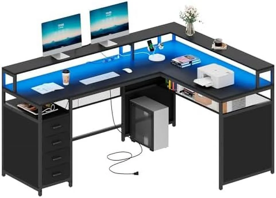 TJCGDTY L Shaped Desk with LED Lights & Power Outlets  Reversible Home Office Desk with Drawers & Bookshelf  Gaming Desk with Full Size Monitor Stand  Study Writing Desk Workstati