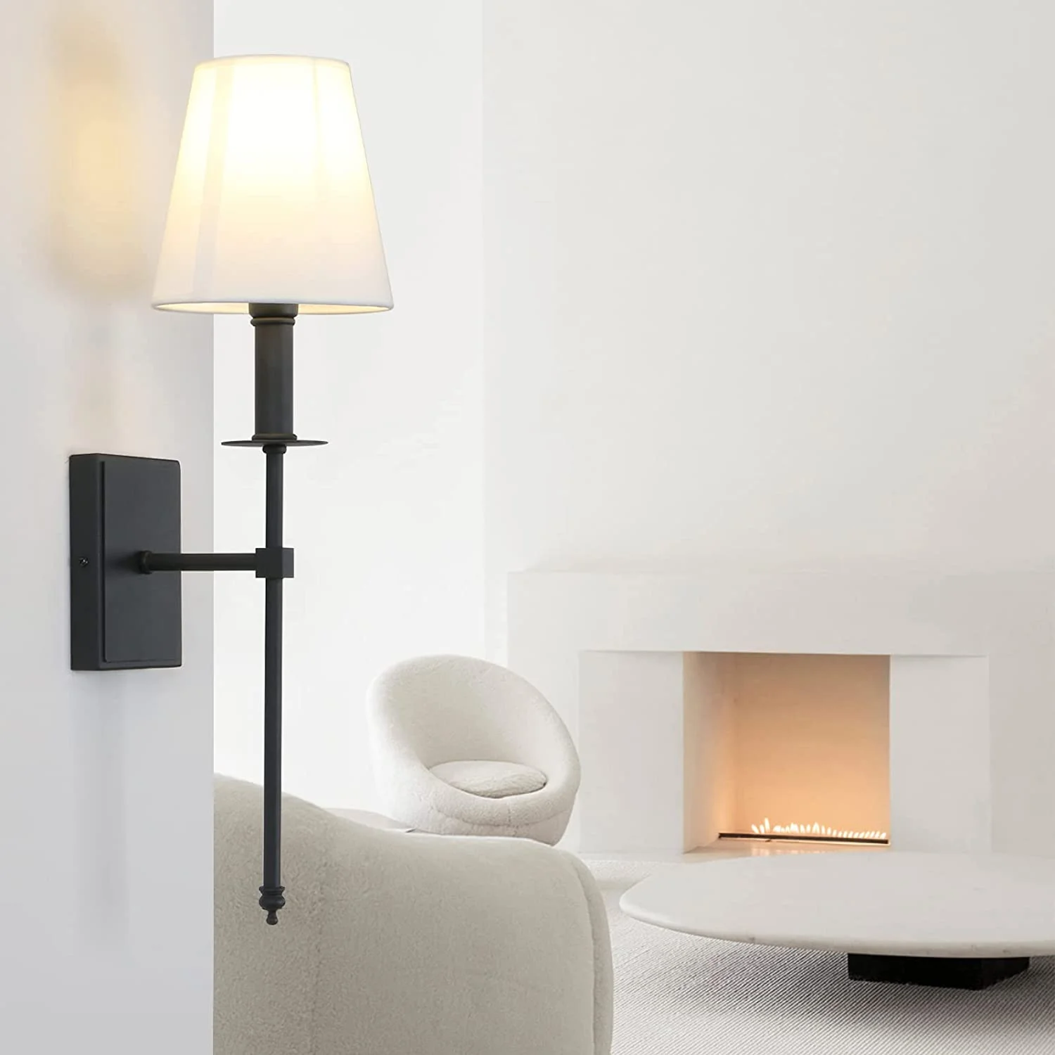 YANRUI Set of 2 Classic Rustic Industrial Wall Sconce Lighting Fixture with Flared White Textile Lamp Shade and Black Tapered Column Stand