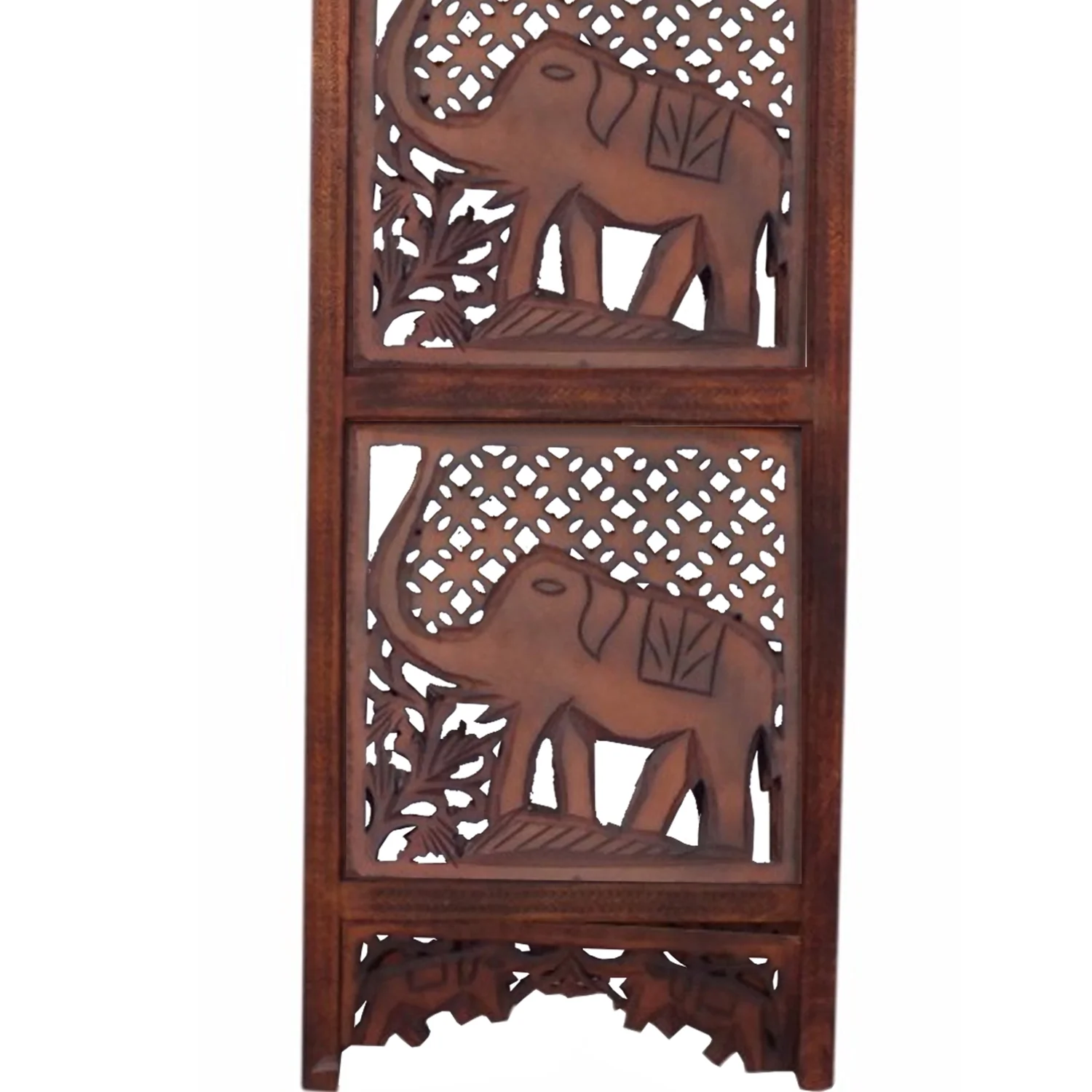 Maykoosh Hollywood Regency Hand Carved Elephant Design Foldable 4 Panel Wooden Room Divider, Brown