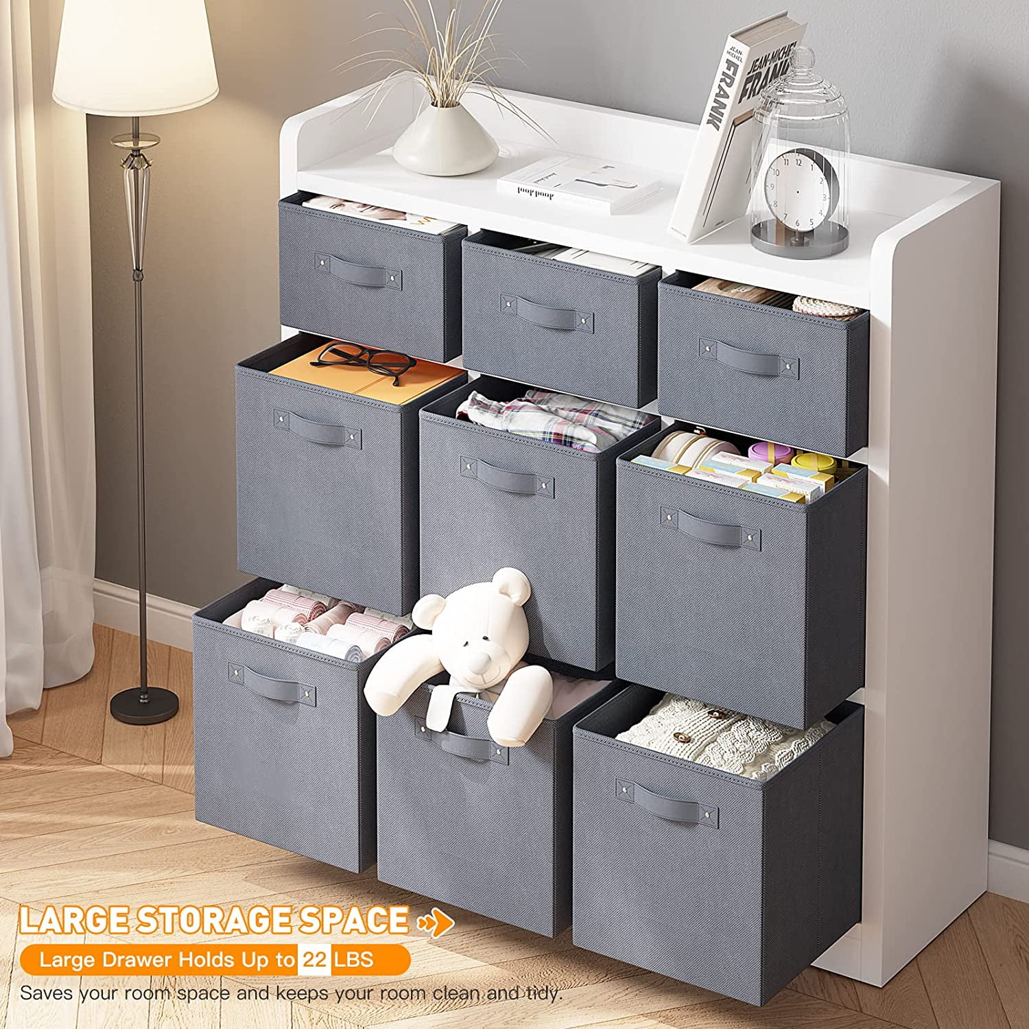 U-SHARE  Cubby Storage Organizer 9 Cube Storage Organizer White Cube Storage Shelf with Drawers Wood Storage Cube with Bins for Clothes Books