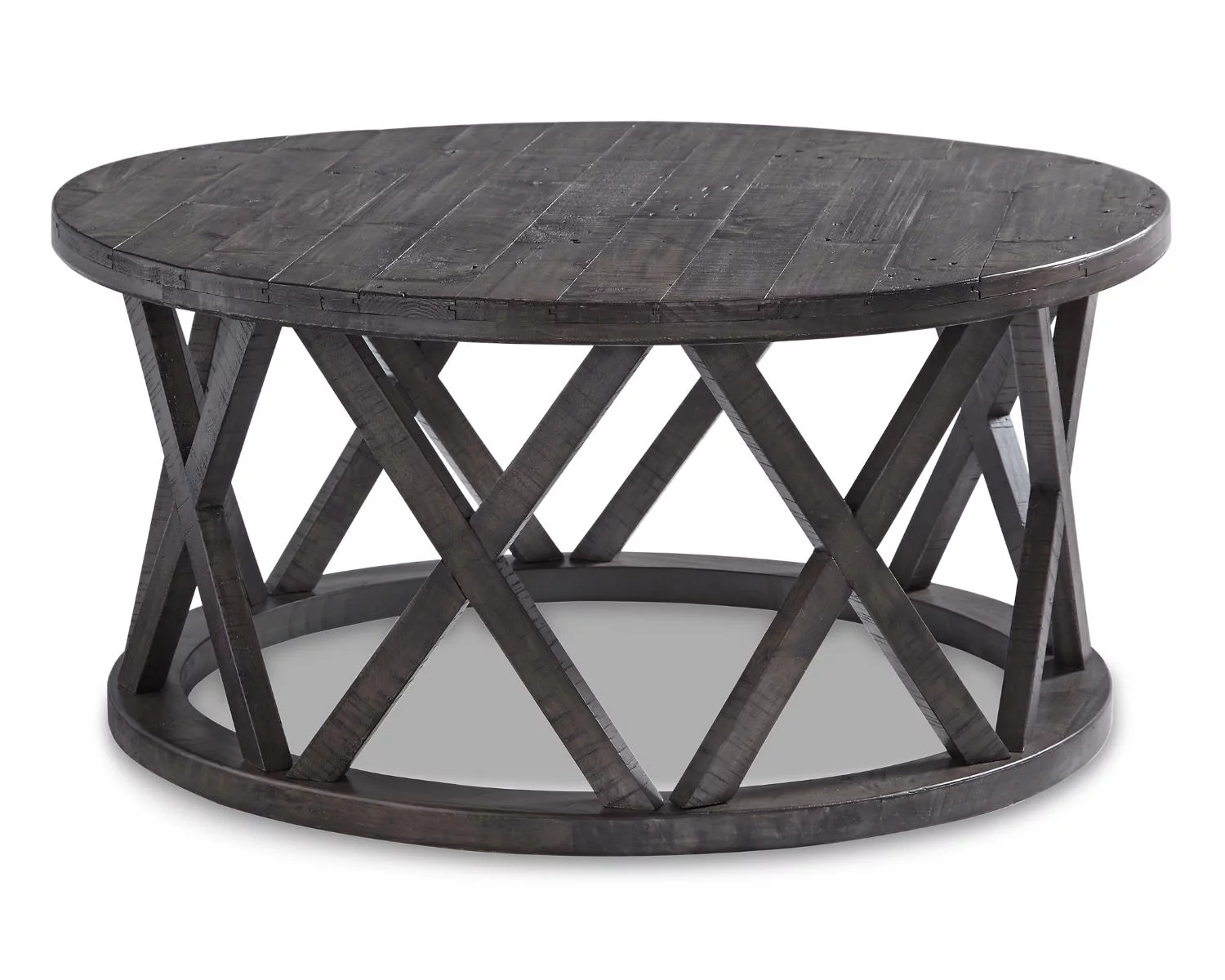 Signature Design by Ashley Sharzane Rustic Round Solid Wood Pine Coffee Table, Weathered Gray Finish