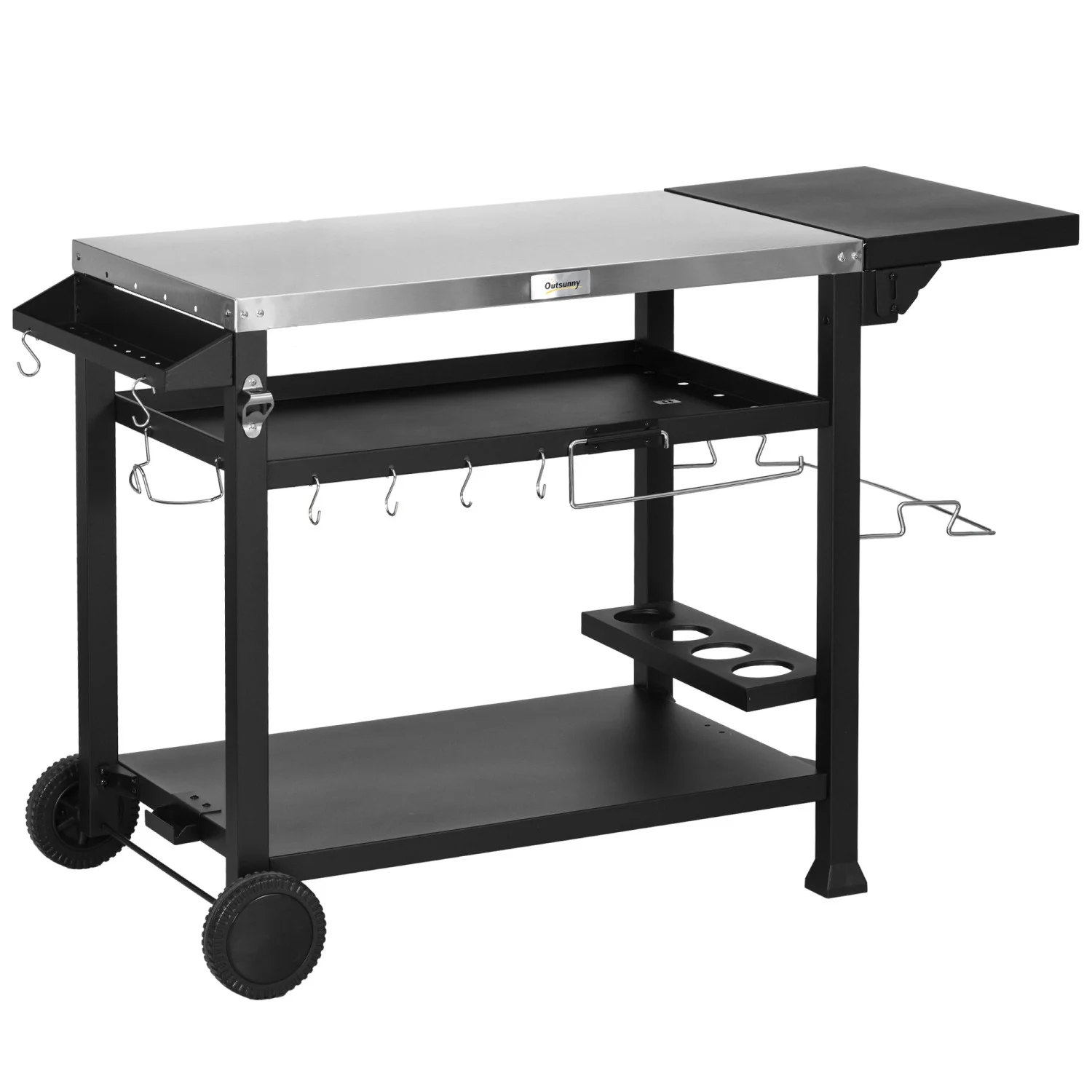 JHOOTUUO Outdoor Grill Cart with Foldable   46” x 21.75” Multifunctional Stainless Steel Pizza Oven Stand with Three-  Movable Food Prep  on Wheels  Black